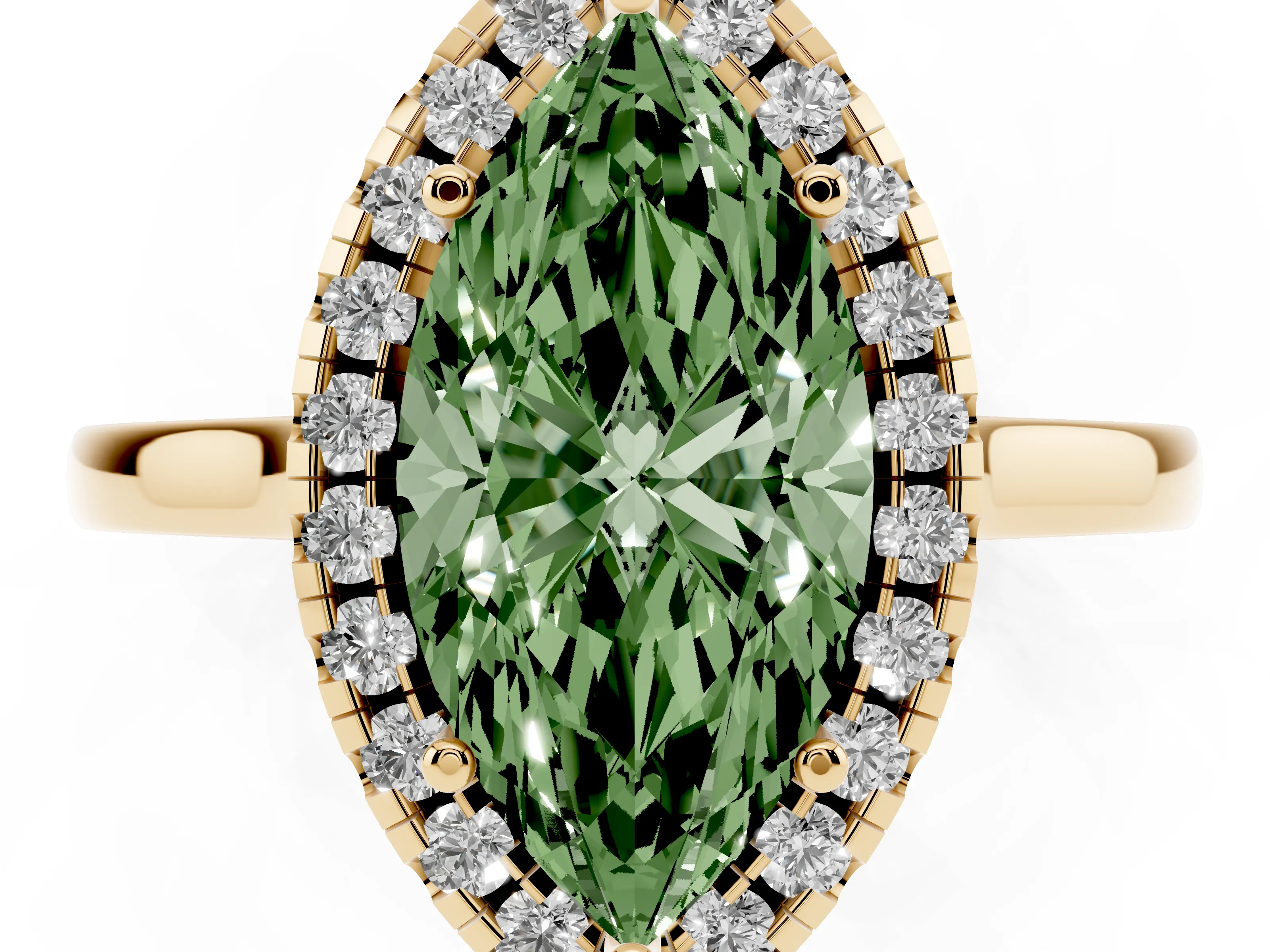 Fancy Green Marquise Cut Halo Round Diamond Solitaire Ring Set in Yellow gold with Pavé Band and Prong Setting