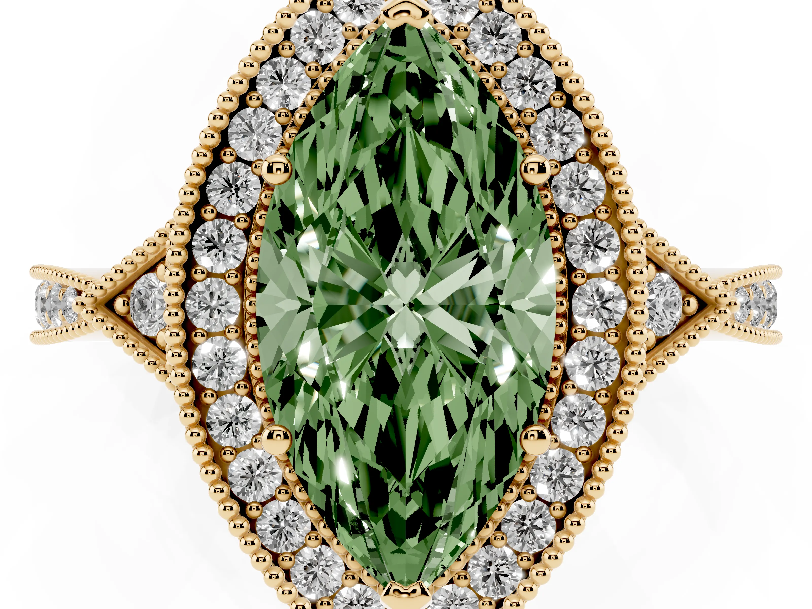 Fancy Green Marquise Cut Diamond Halo Engagement Ring Set in Yellow gold with Milgrain Pavé Band