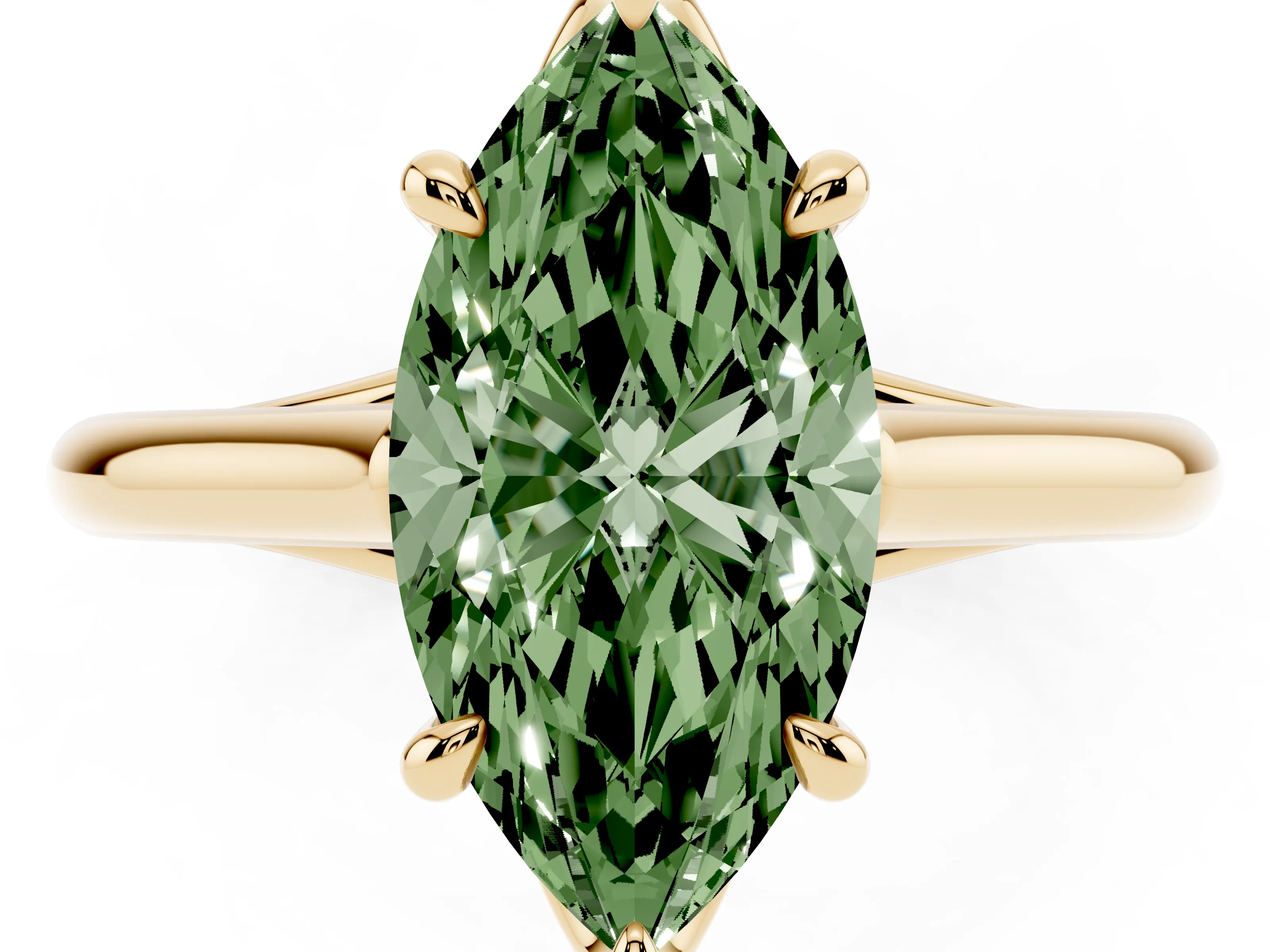 Fancy Green Marquise Cut Diamond Solitaire Engagement Ring Set in Yellow gold with Prong Setting and Plain Classic Band