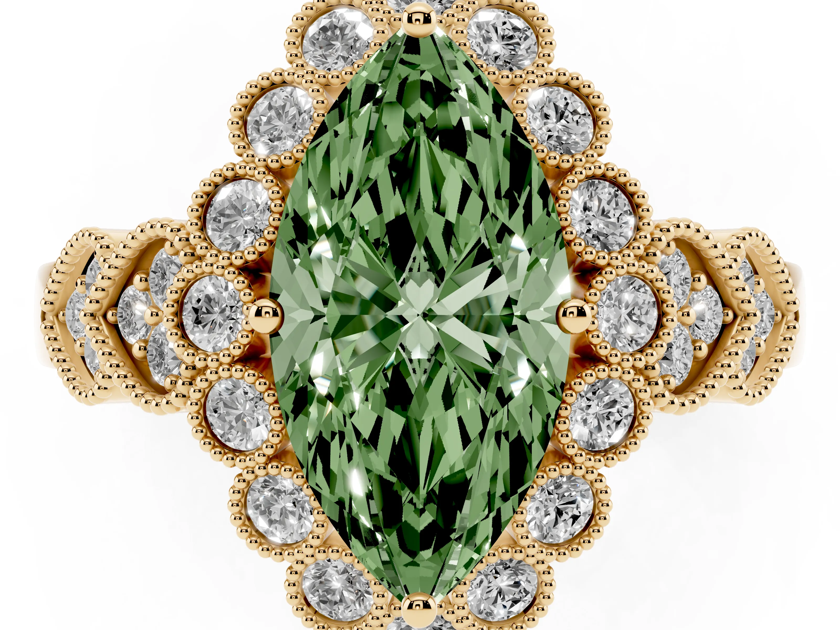 Fancy Green Marquise Cut Diamond Solitaire Ring Set in Yellow gold with Milgrain Pavé Heart Band