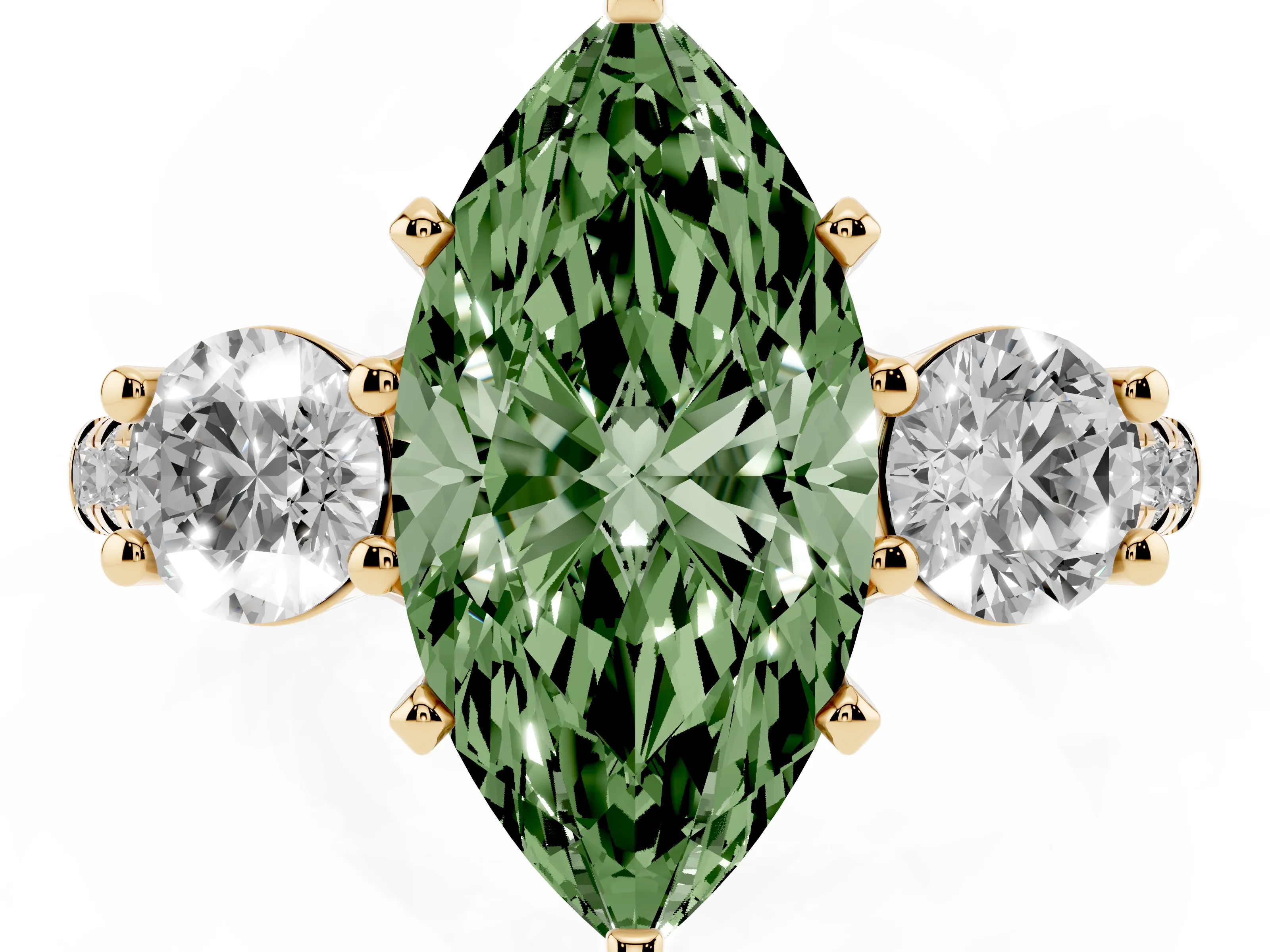 Fancy Green Three-Stone Marquise Cut Diamond Pavé Band Ring Set in Yellow gold with Prong-Set Trio