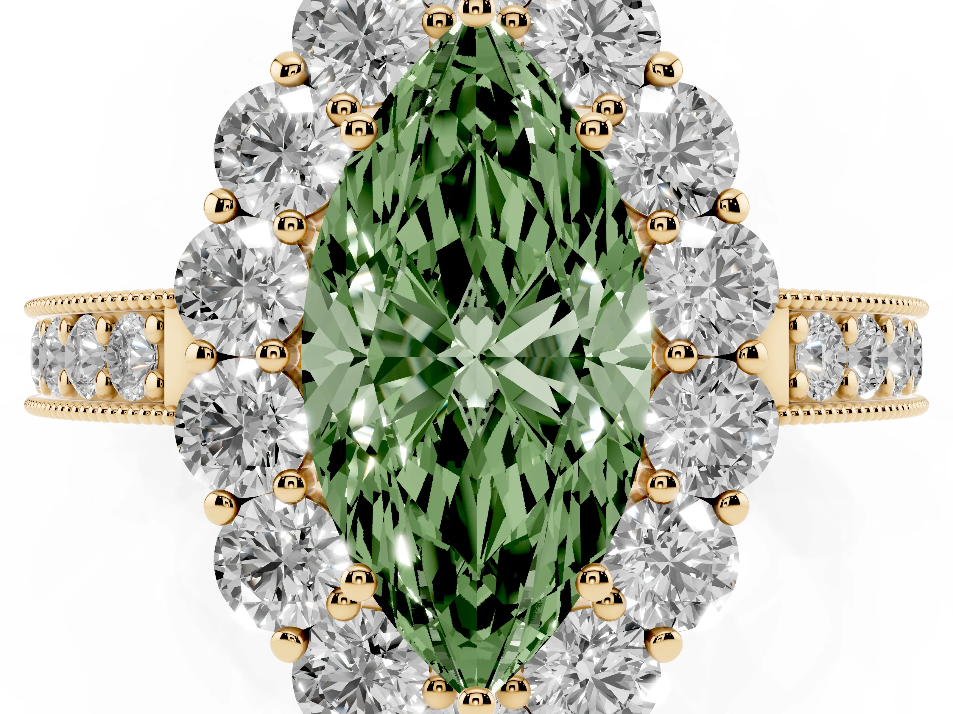 Fancy Green Marquise Cut Diamond Halo Pavé Engagement Ring Set in Yellow gold with Milgrain Detailing