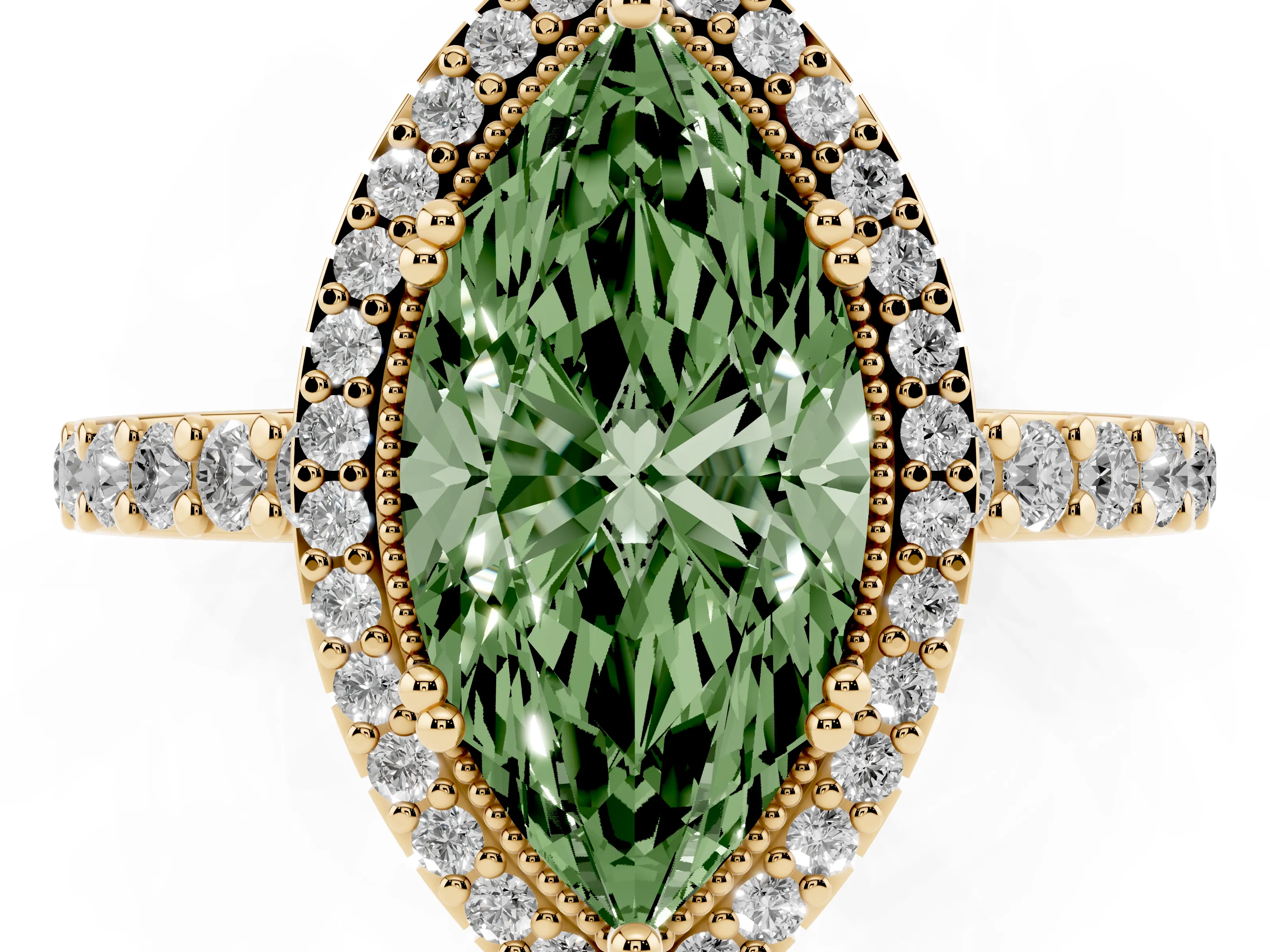 Fancy Green Marquise Cut Diamond Halo Engagement Ring Set in Yellow gold with Milgrain Detail and Pavé Band