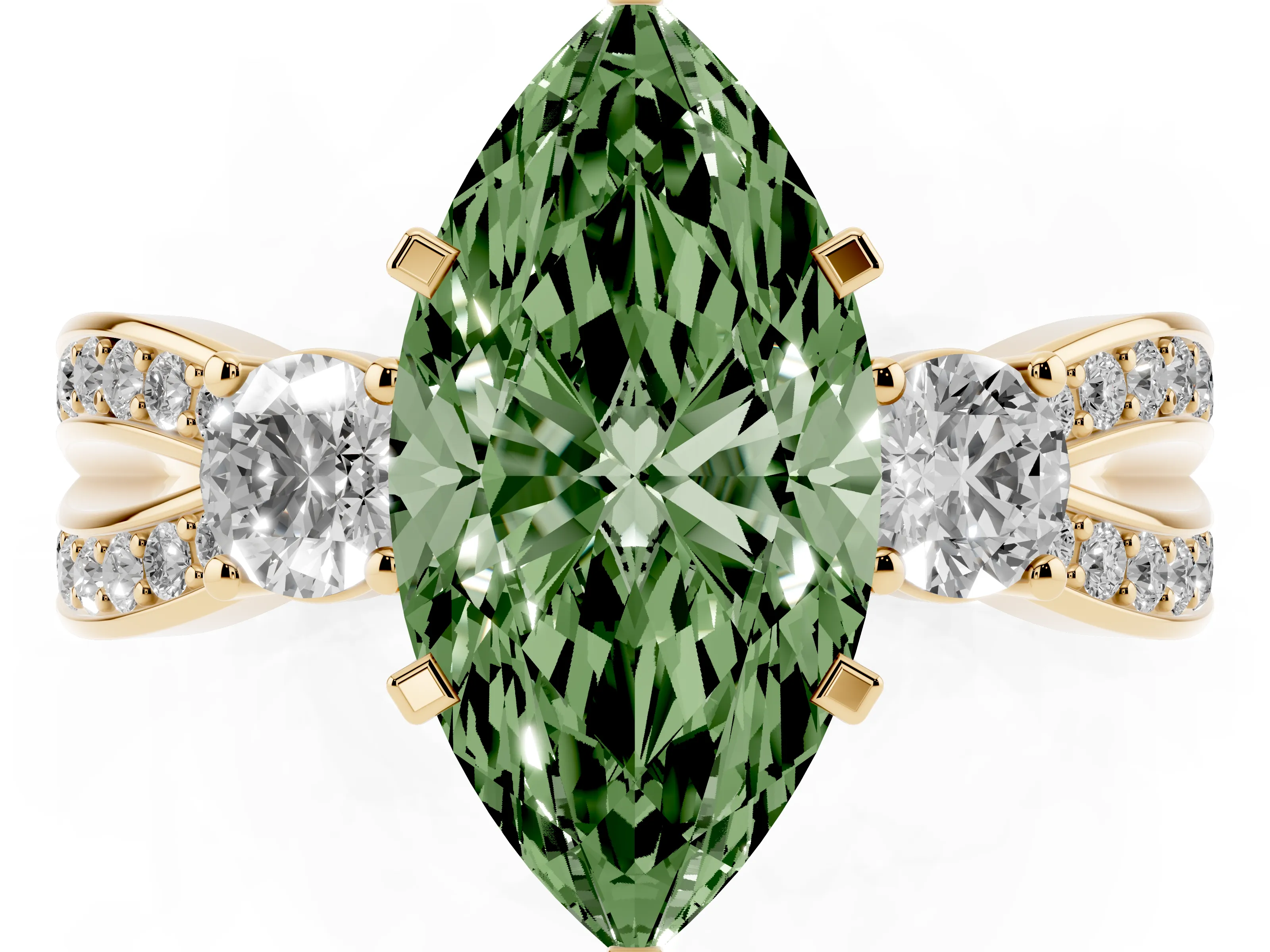 Fancy Green Three-Stone Marquise Cut Diamond Twist Band Ring Set in Yellow gold with Pavé Accents and Prong Setting