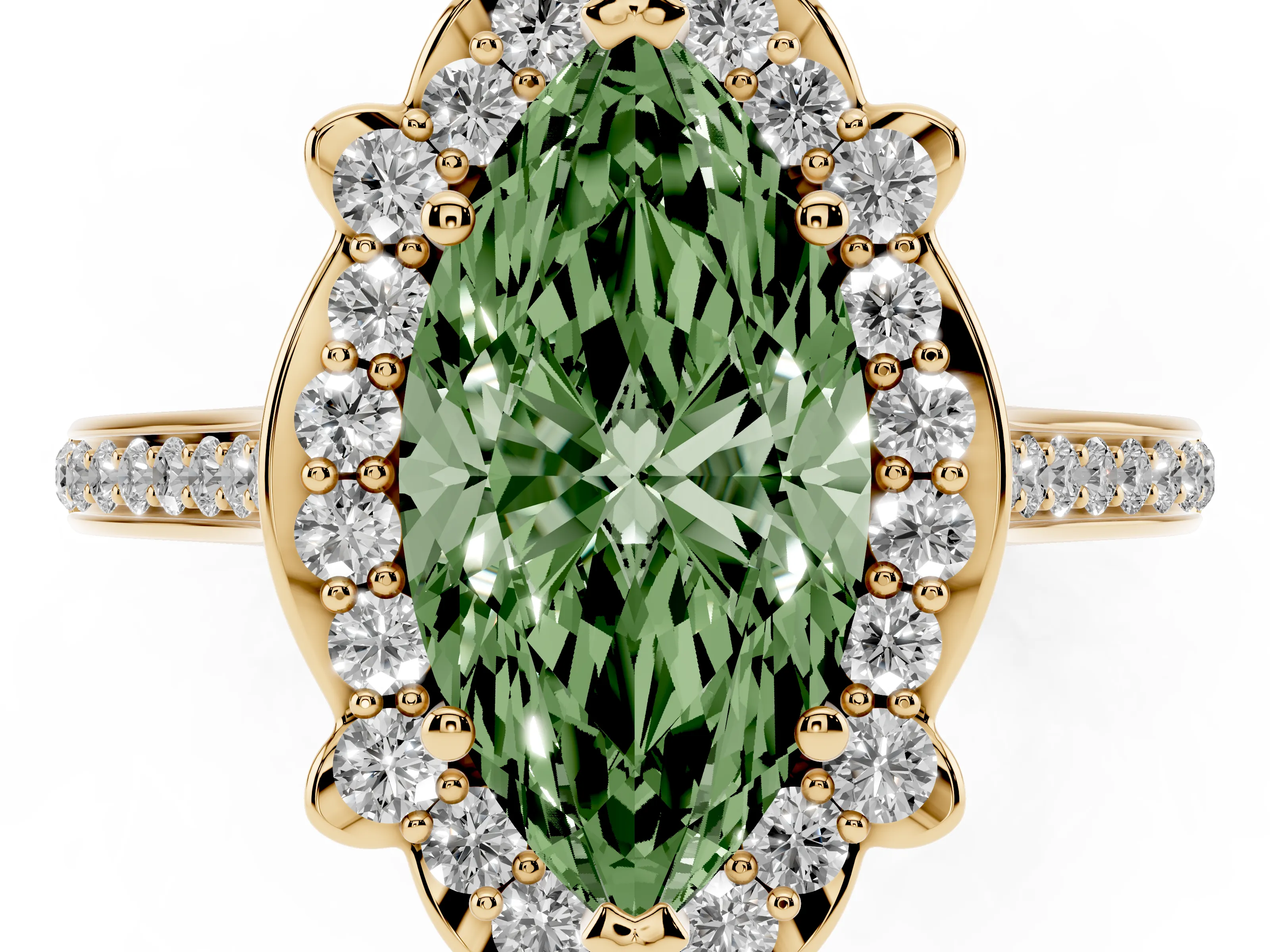 Fancy Green Marquise Cut Diamond Halo Ring Set in Yellow gold with Pavé-Lined Shoulders and Prong Setting