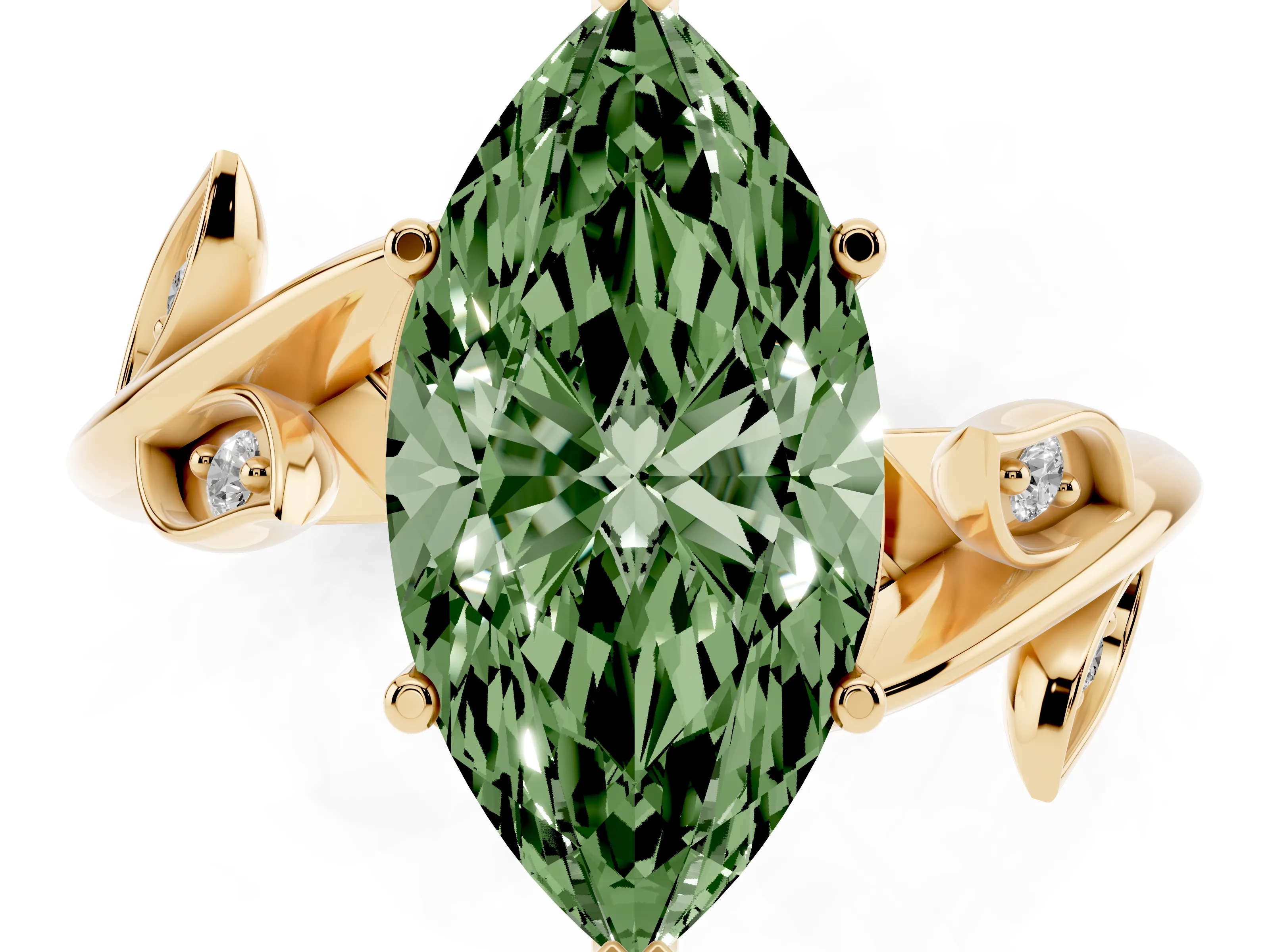 Fancy Green Marquise Cut Diamond Solitaire Twist Engagement Ring Set in Yellow gold with Pavé Leaf Accents