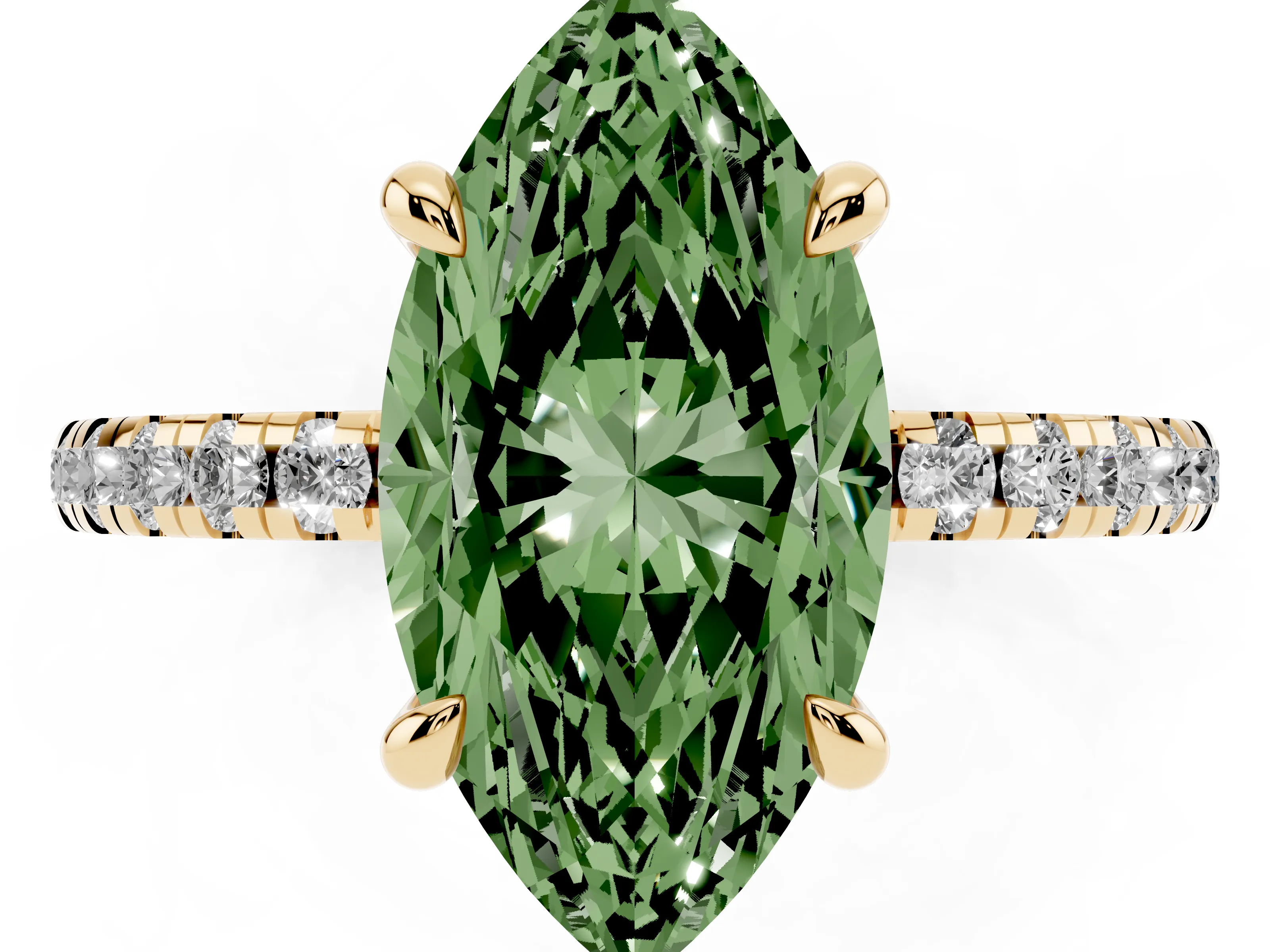Fancy Green Marquise Cut Diamond Brilliant Solitaire Ring Set in Yellow gold with Pavé Band and Prong Setting