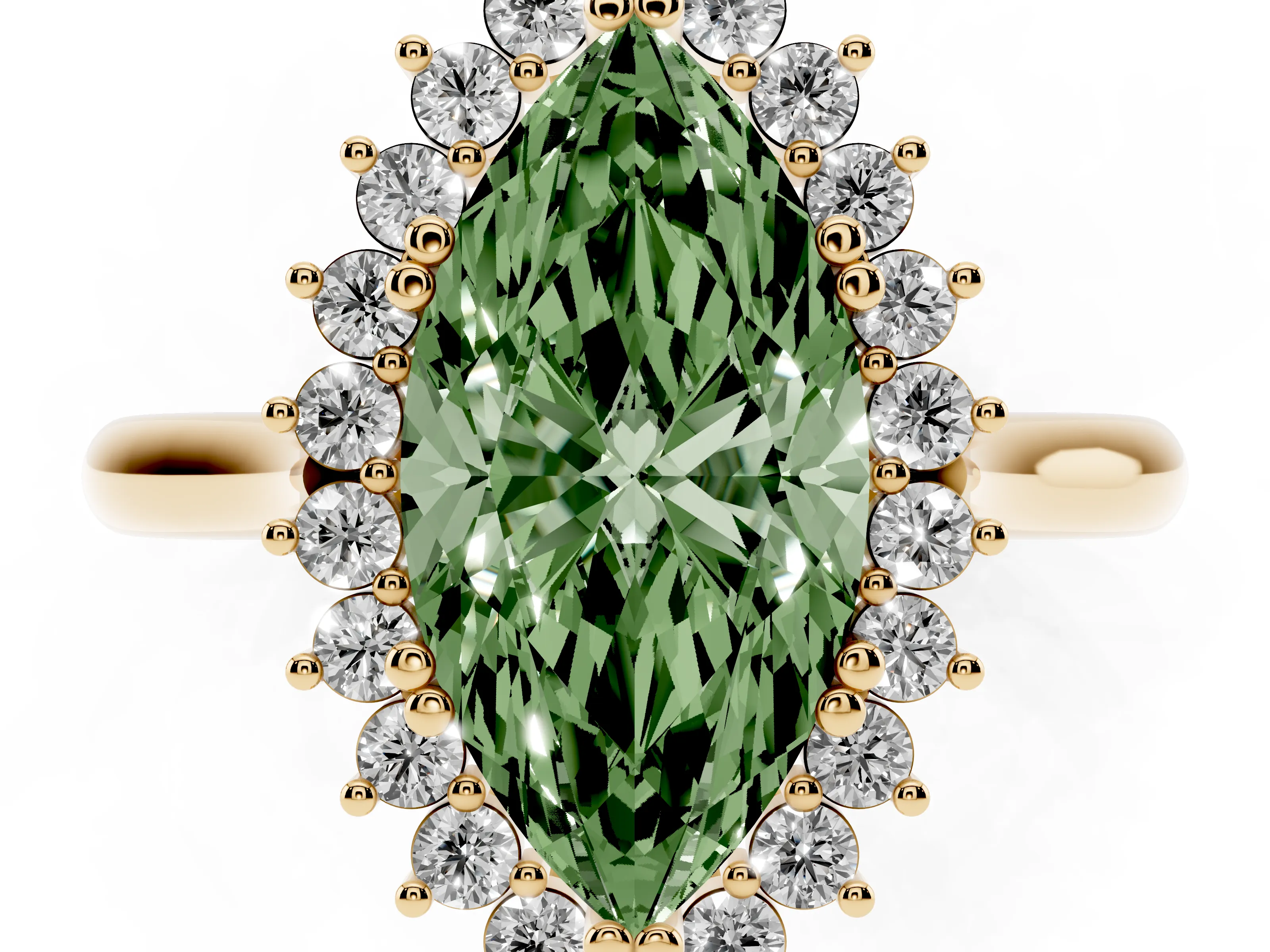 Fancy Green Marquise Cut Diamond Halo Ring Set in Yellow gold with Plain Solitaire Band and Prong Setting