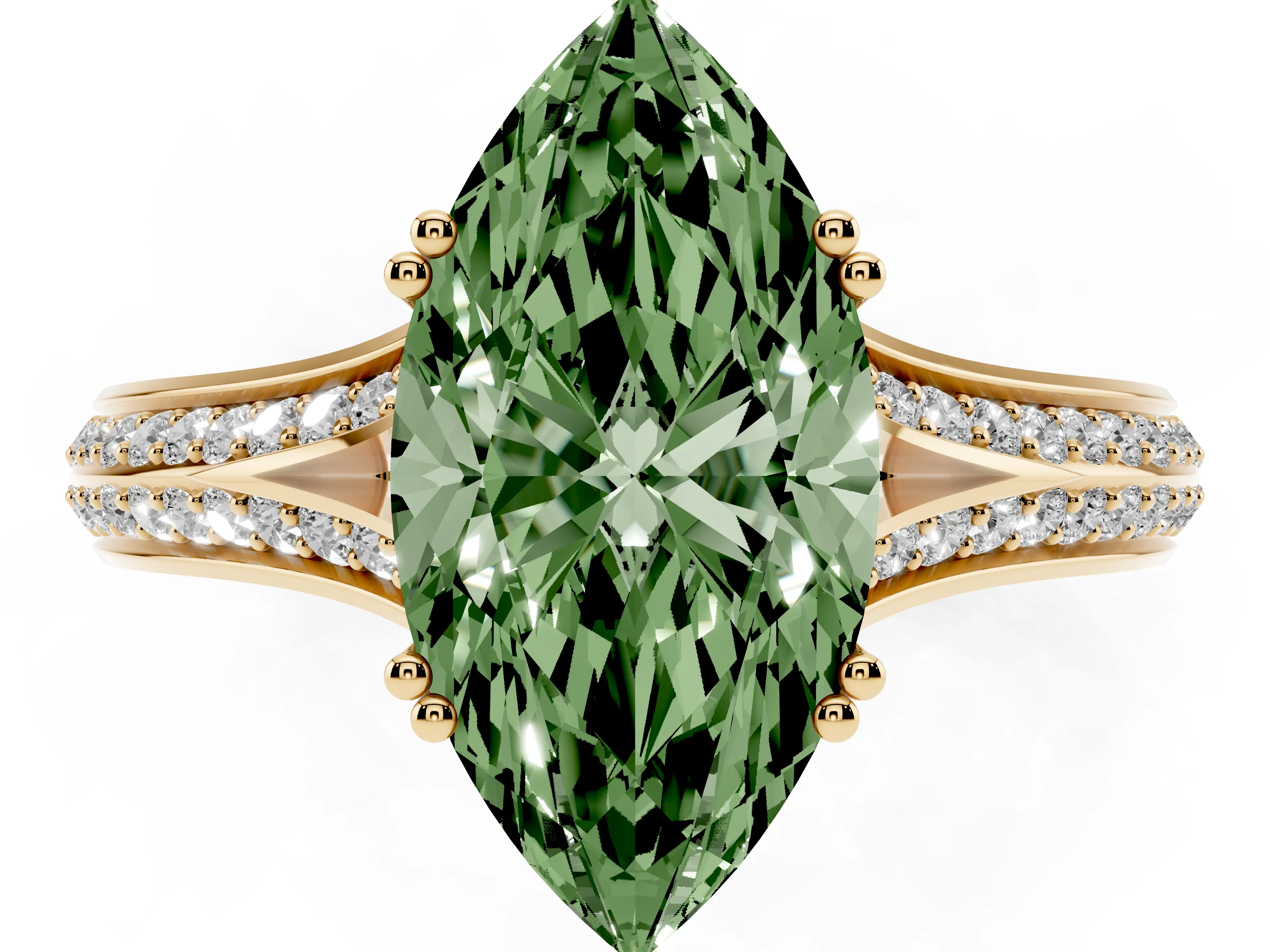 Fancy Green Marquise Cut Diamond Split Shank Pavé Engagement Ring Set in Yellow gold with Prong-Set Center Stone