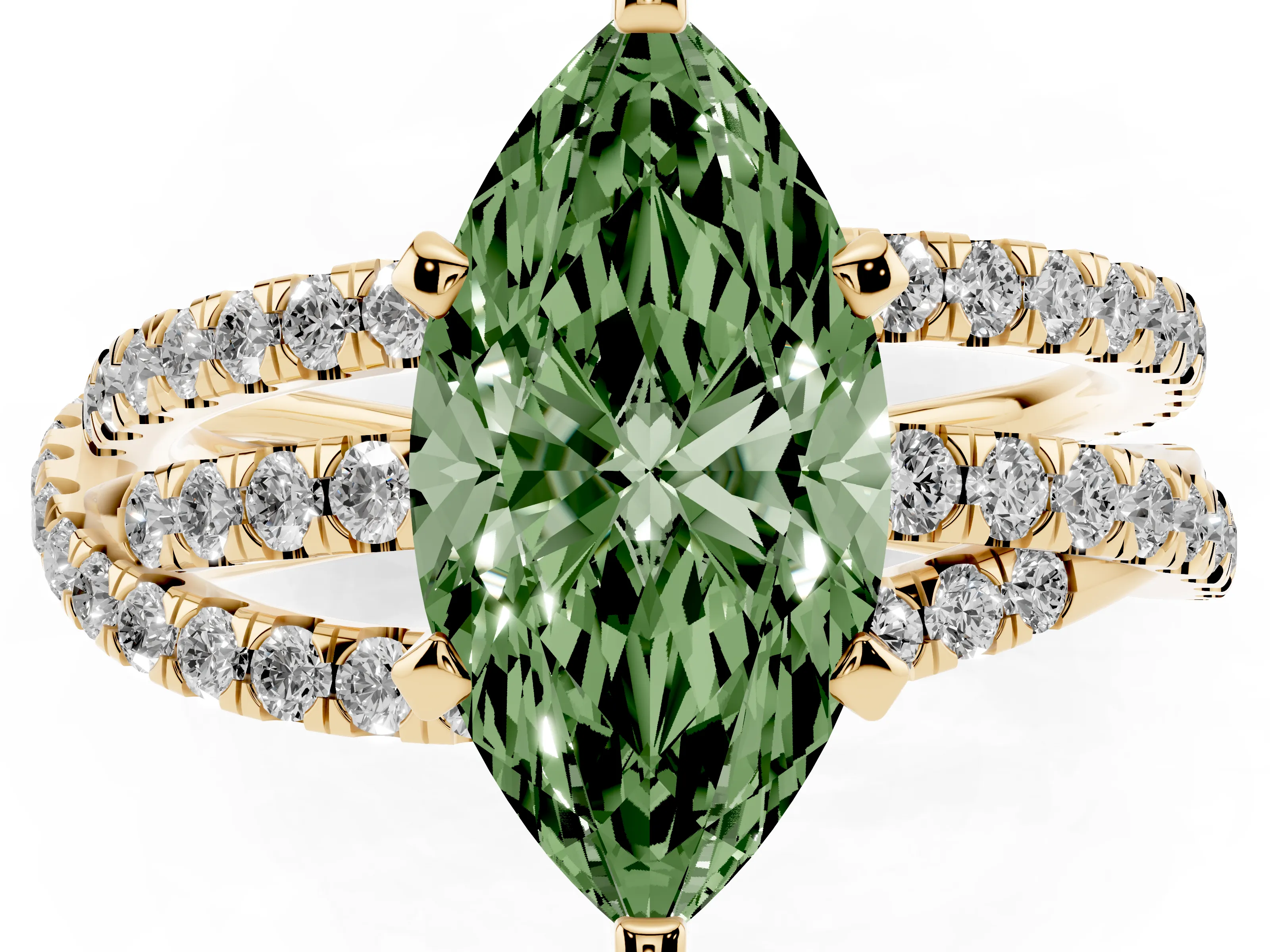 Fancy Green Marquise Cut Diamond Solitaire Twist Band Ring Set in Yellow gold with Pavé Setting and Prong Head