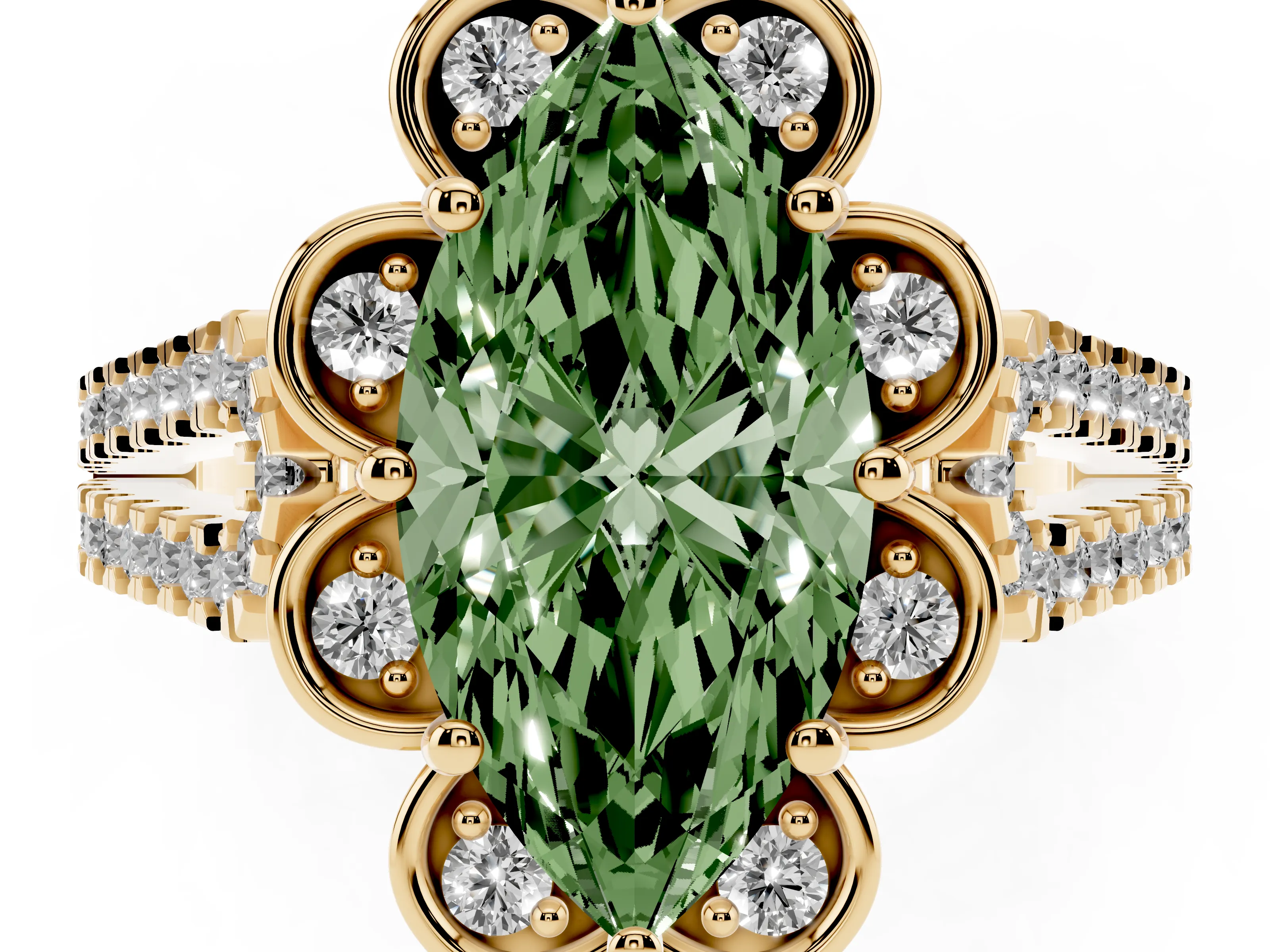 Fancy Green Marquise Cut Diamond Floral Halo Split Shank Engagement Ring Set in Yellow gold with Pavé Shank