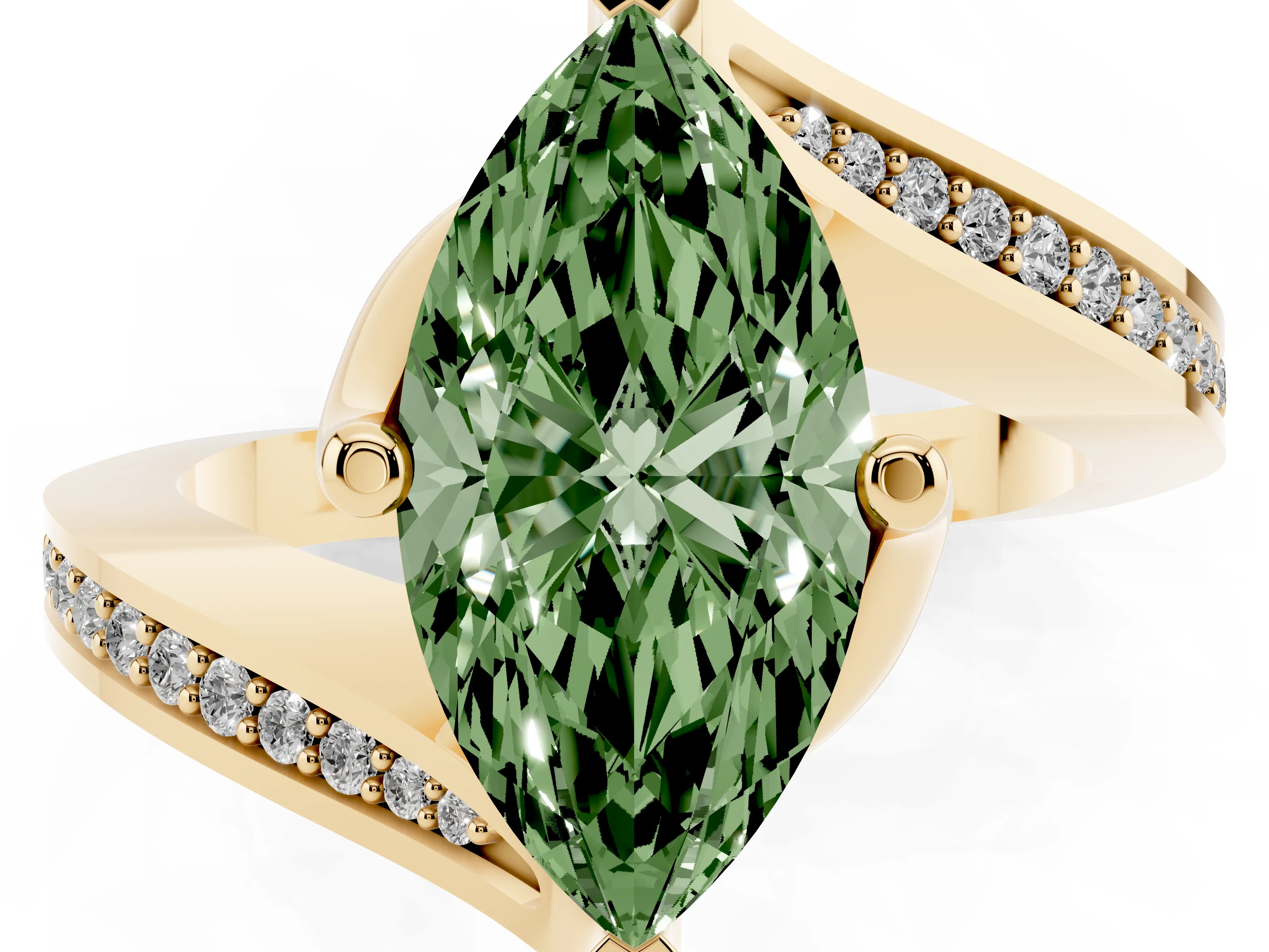 Fancy Green Marquise Cut Diamond Solitaire Ring Set in Yellow gold with Intertwined Pavé Twist Band