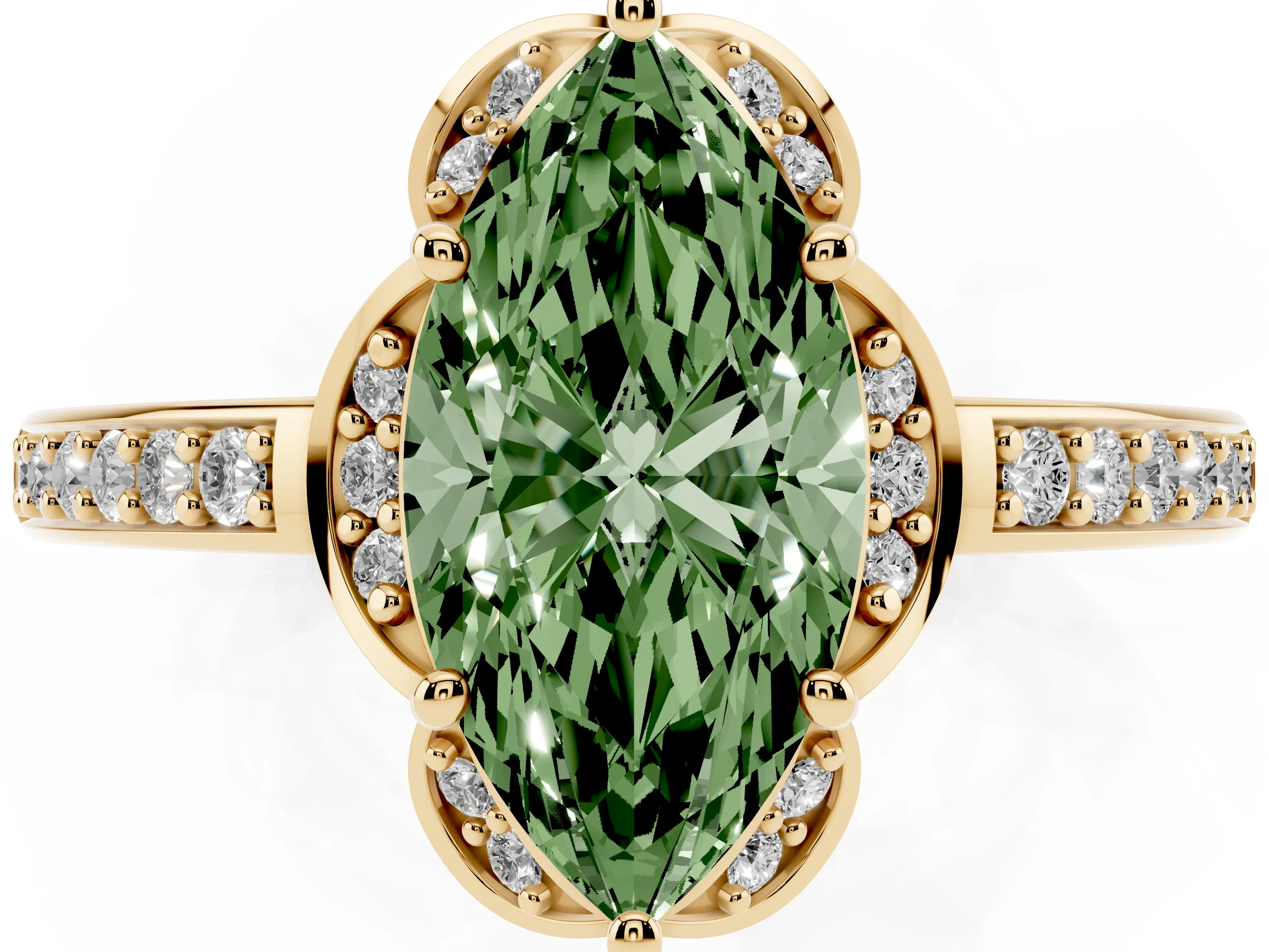 Fancy Green Marquise Cut Diamond Halo Ring Set in Yellow gold with Channel Set Band and Prong Setting