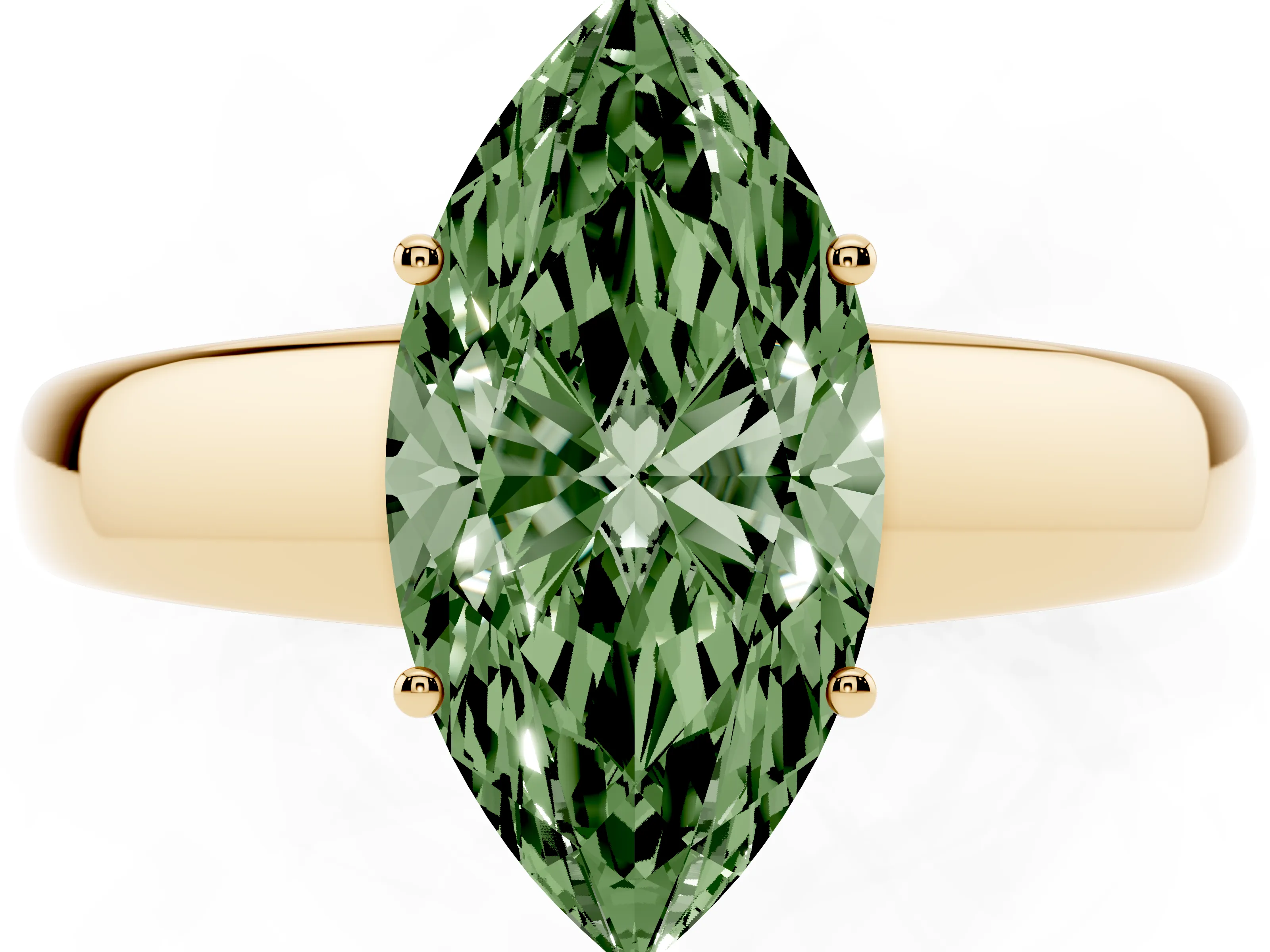 Fancy Green Marquise Cut Diamond Solitaire Ring Set in Yellow gold with Tapered Band and Prong Setting