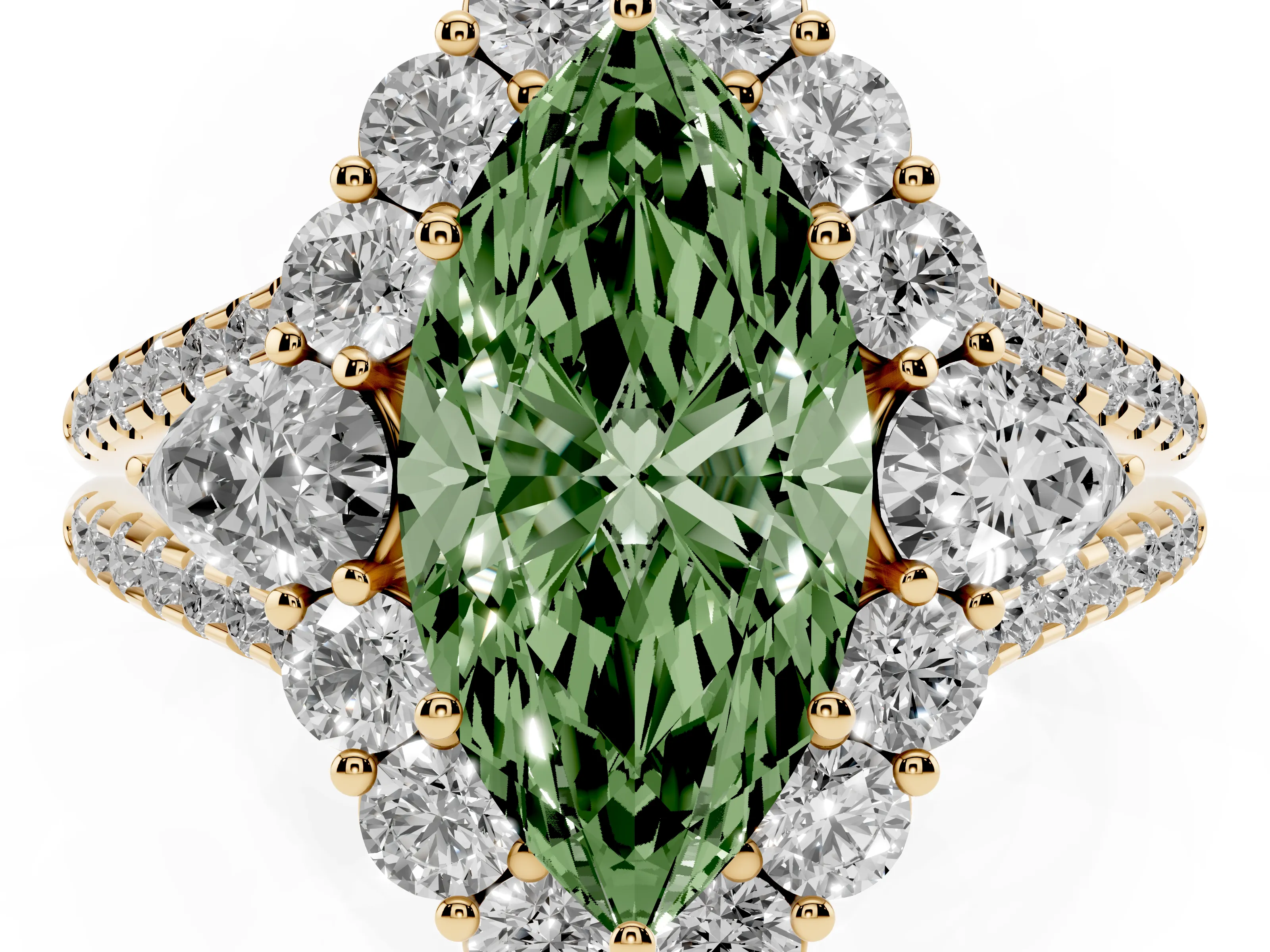 Fancy Green Marquise Cut Diamond Halo Split Shank Engagement Ring Set in Yellow gold with Prong-Held Center Stone
