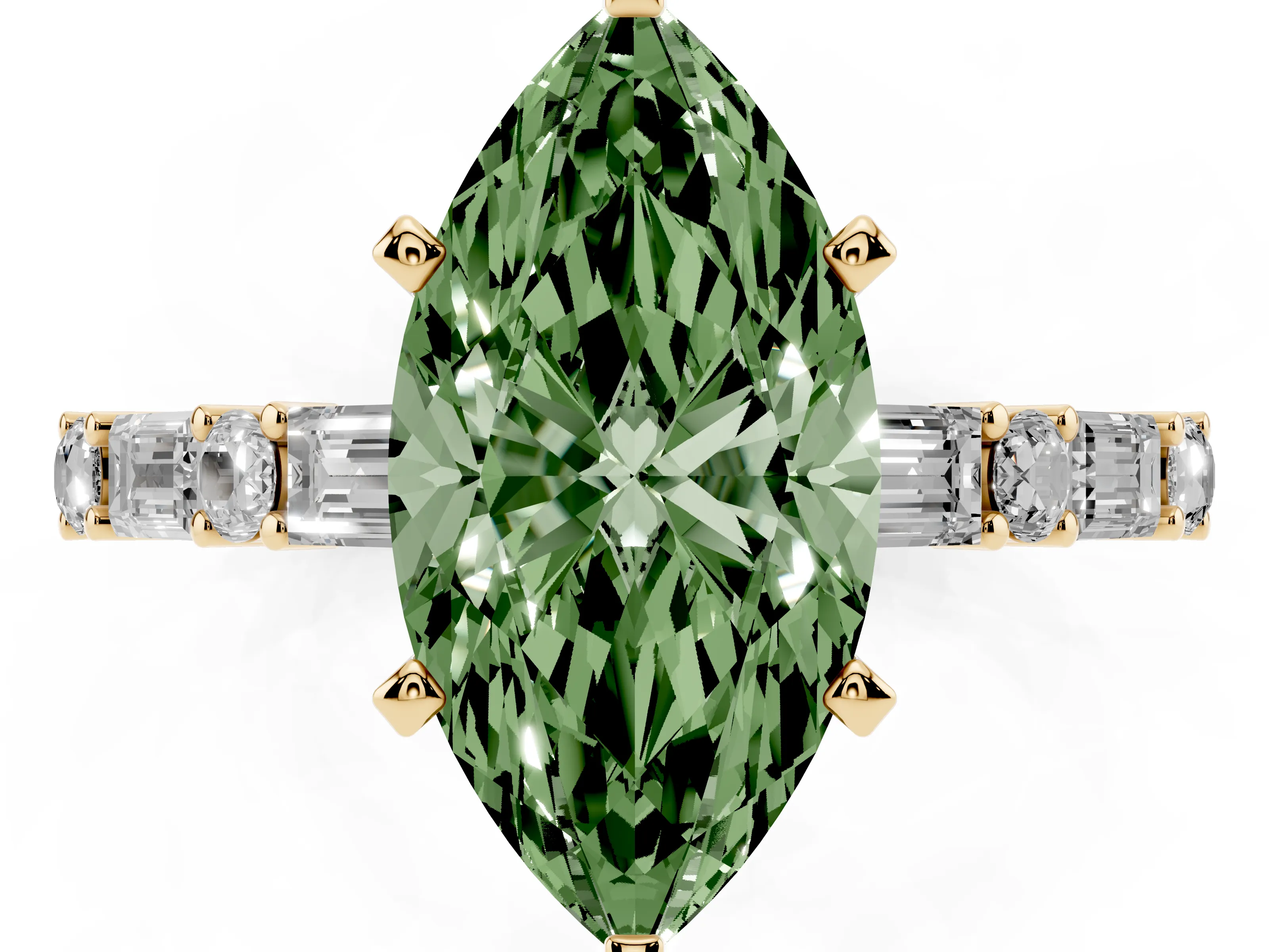 Fancy Green Marquise Cut Diamond Solitaire Set in Yellow gold with Side Baguettes and Channel Set Band