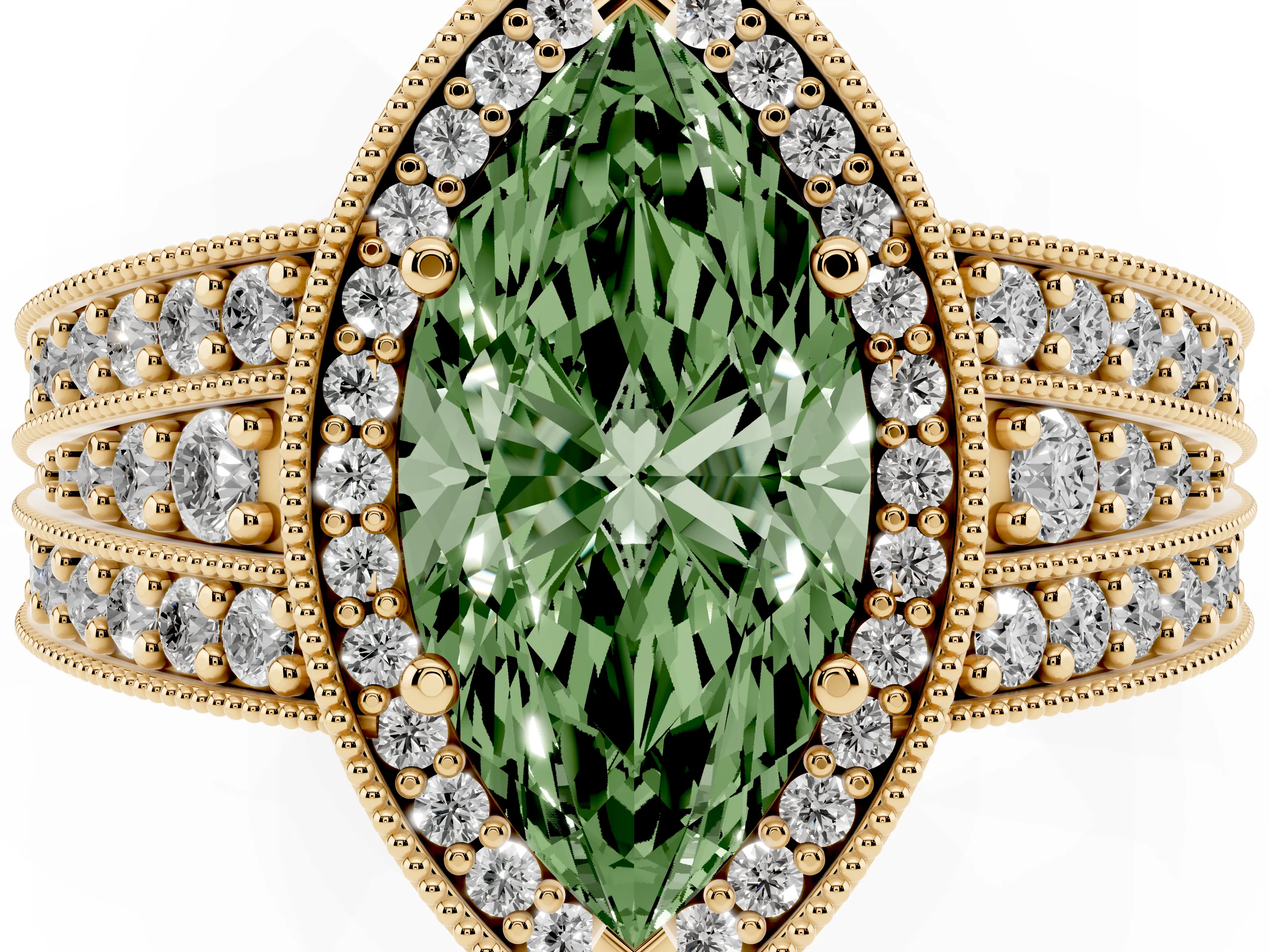 Fancy Green Marquise Cut Diamond Halo Ring Set in Yellow gold with Accent Split Shank and Prong Setting