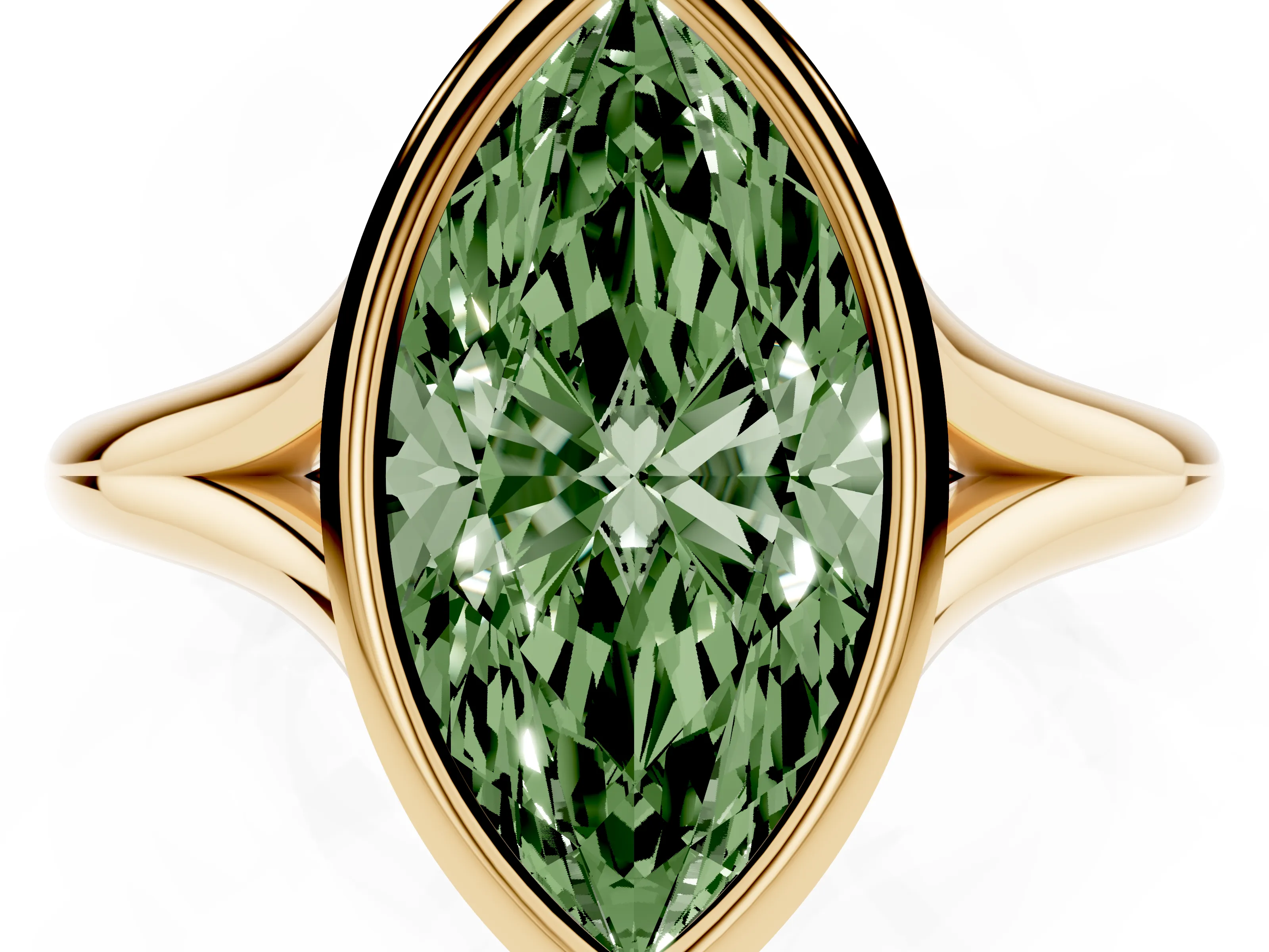 Fancy Green Bezel Set Marquise Cut Diamond Solitaire Ring Set in Yellow gold with Tapered Band
