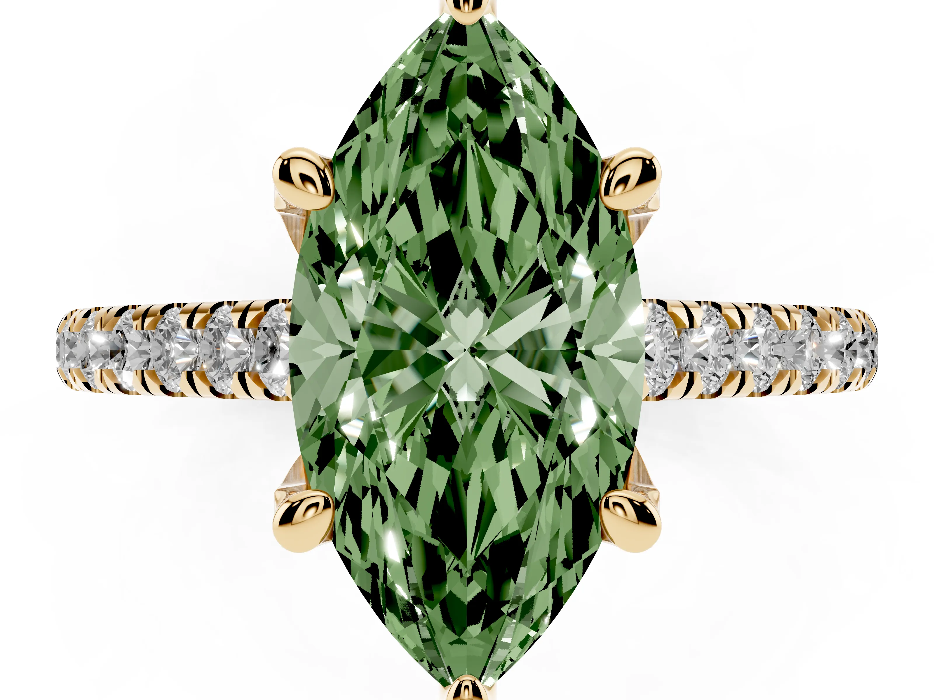 Fancy Green Marquise Cut Diamond Solitaire Ring Set in Yellow gold with Brilliant Pavé Band and Prong Setting