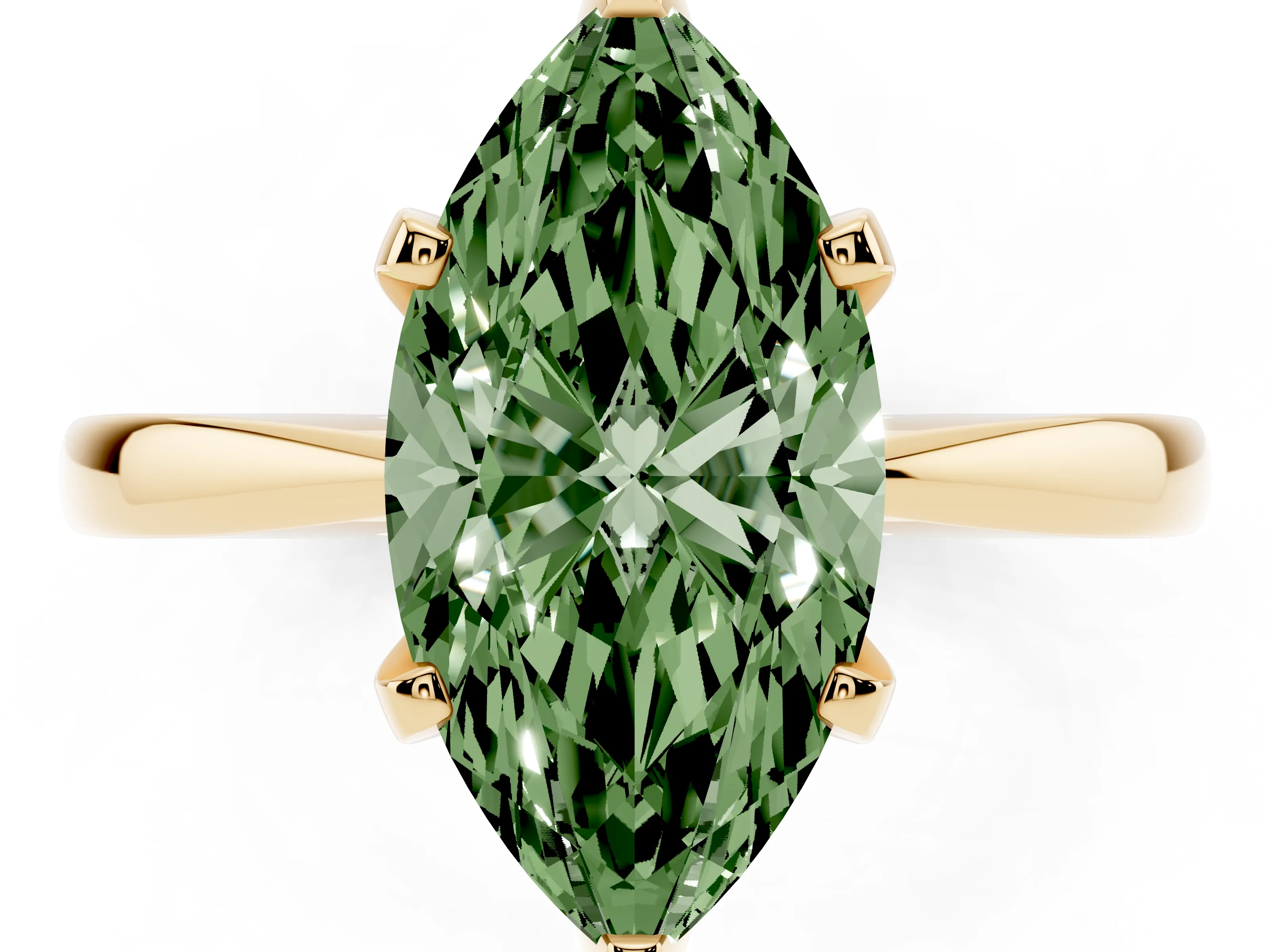 Fancy Green Marquise Cut Diamond Solitaire Engagement Ring Set in Yellow gold with Slim Tapered Solitaire Band