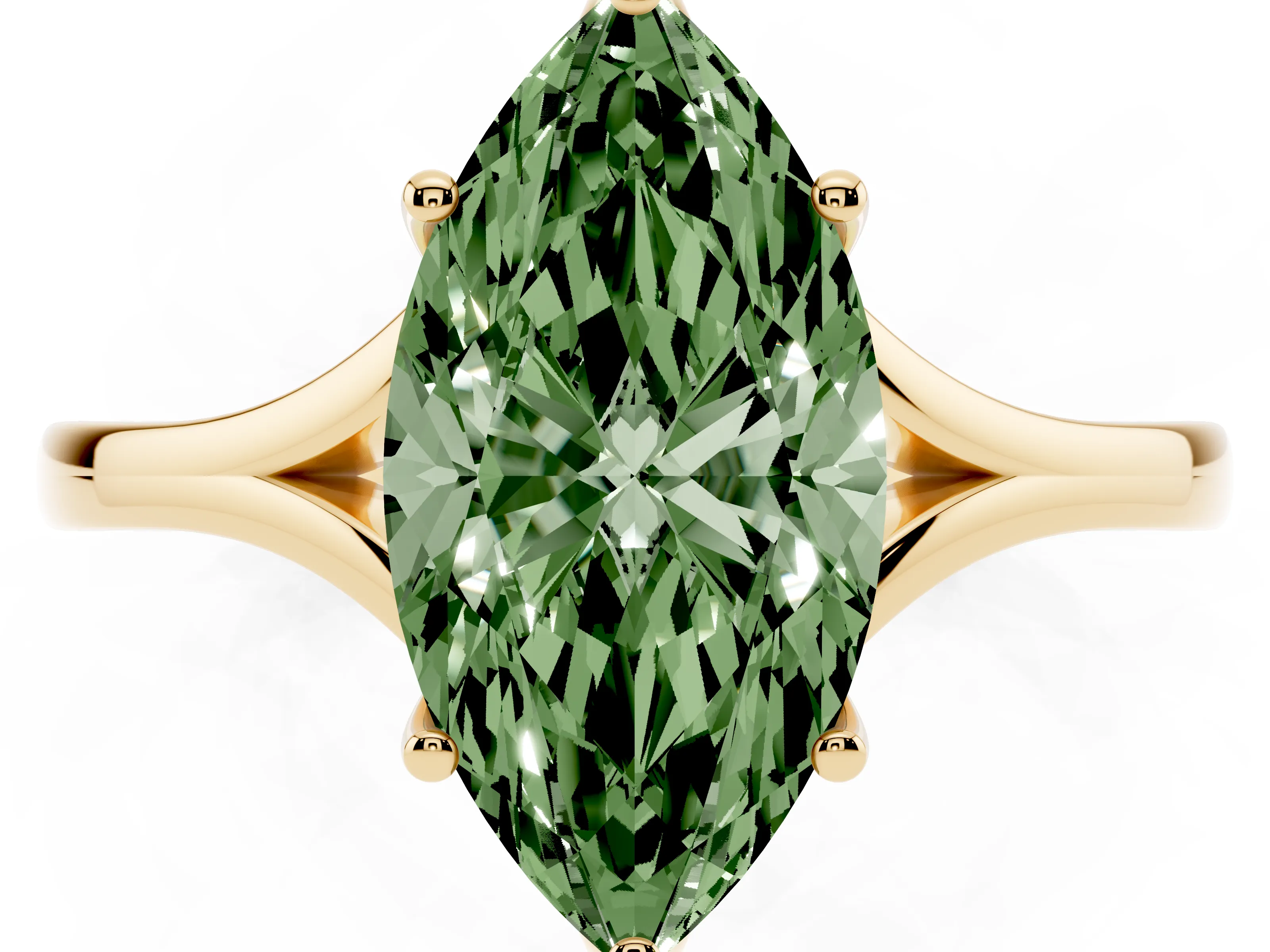 Fancy Green Marquise Cut Diamond Solitaire Ring Set in Yellow gold with Polished Tapered Band and Prong Setting