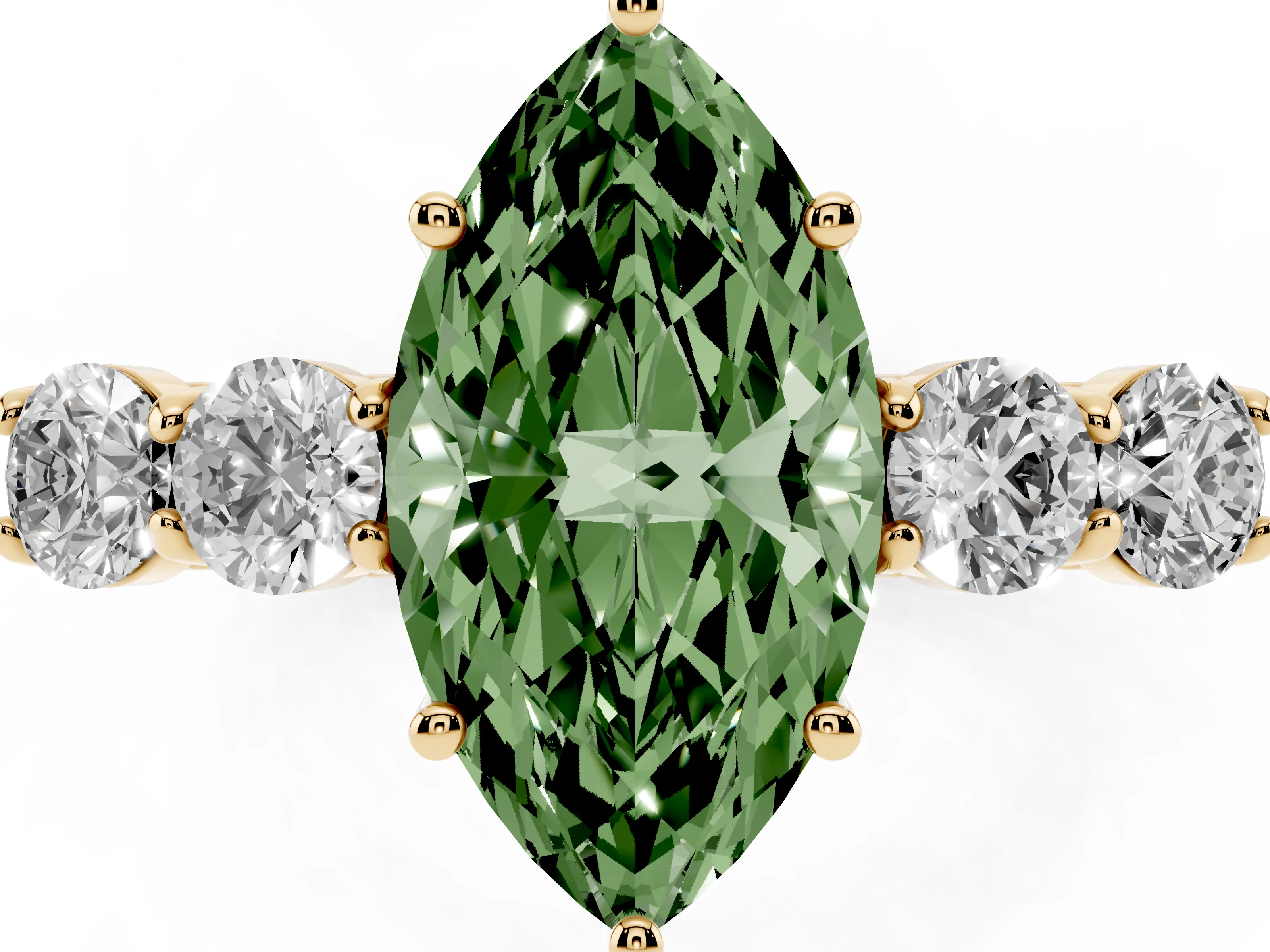 Fancy Green Marquise Cut Diamond Five-Stone Prong Set Band Ring Set in Yellow gold with Polished Band