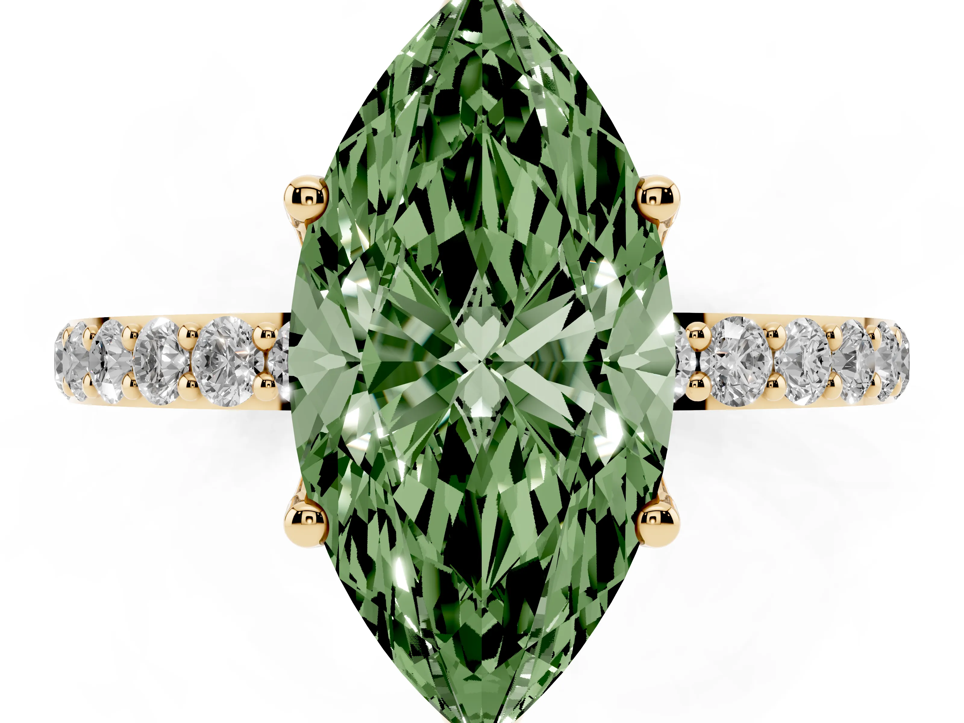 Fancy Green Marquise Cut Diamond Solitaire Engagement Ring Set in Yellow gold with Round Pavé Band and Prong Setting