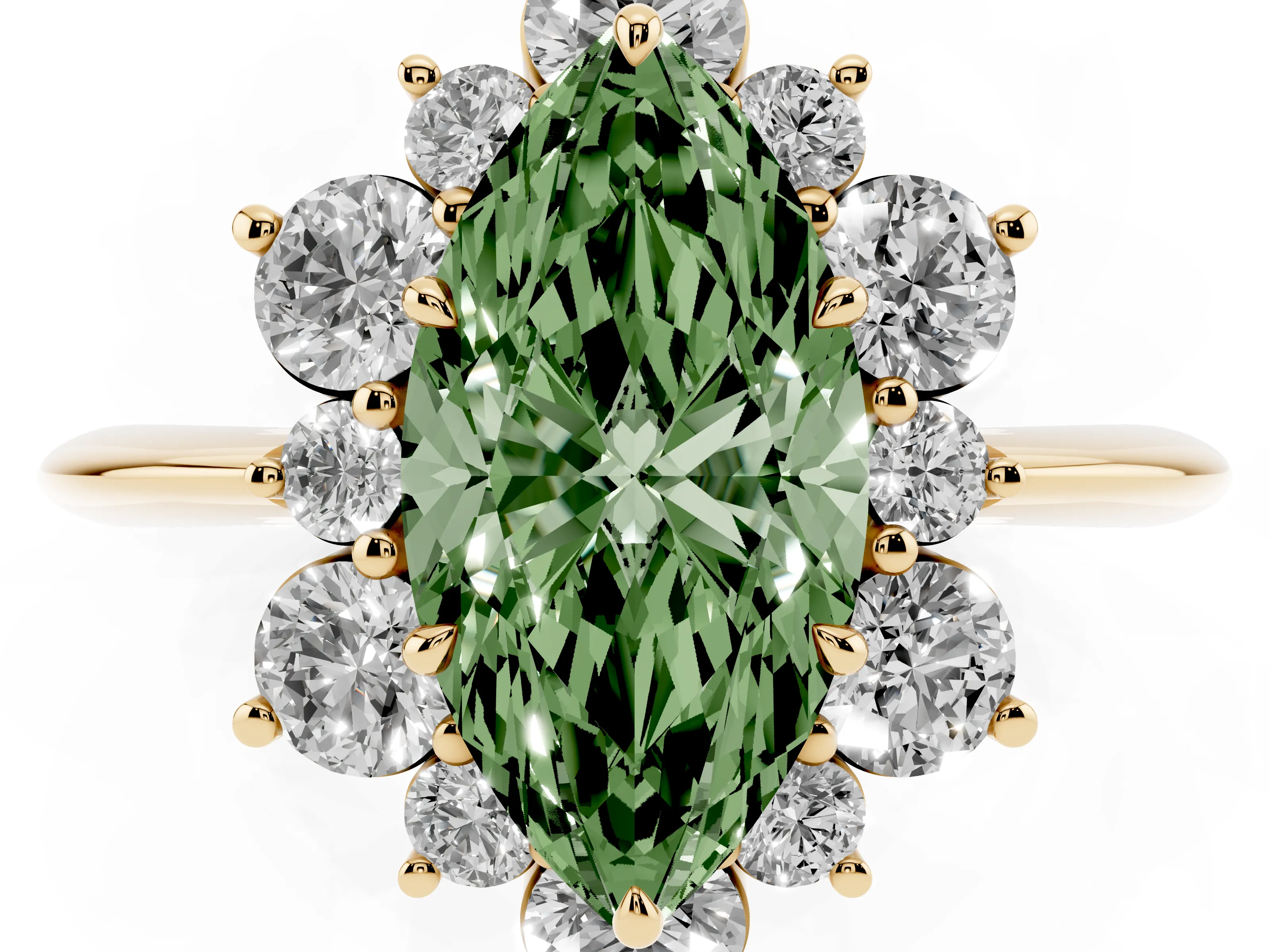 Fancy Green Marquise Cut Diamond Cluster Halo Ring Set in Yellow gold with Solitaire Band and Prong Setting