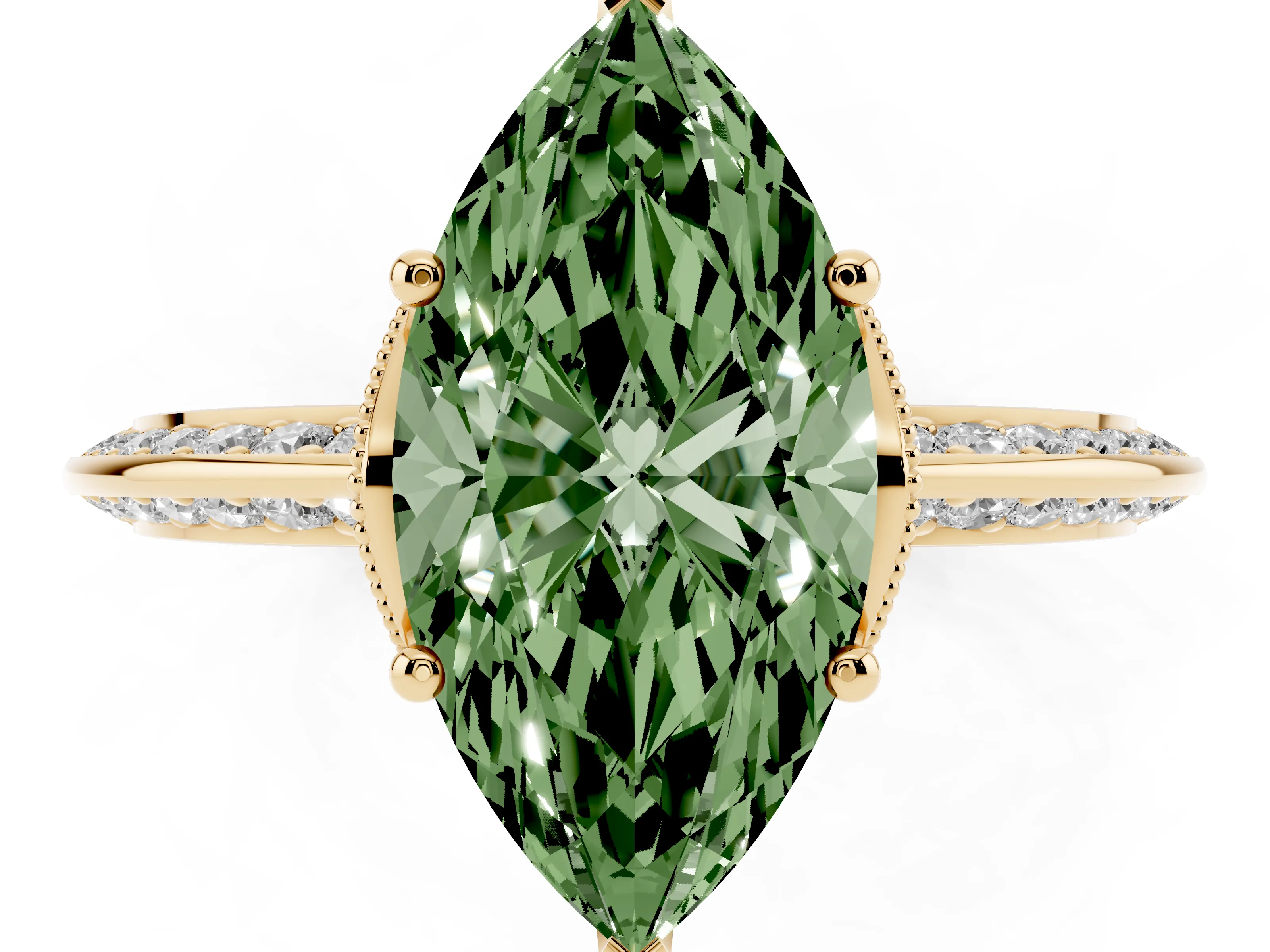 Fancy Green Marquise Cut Diamond Solitaire Engagement Ring Set in Yellow gold with Pavé Split Shank and Prong Setting