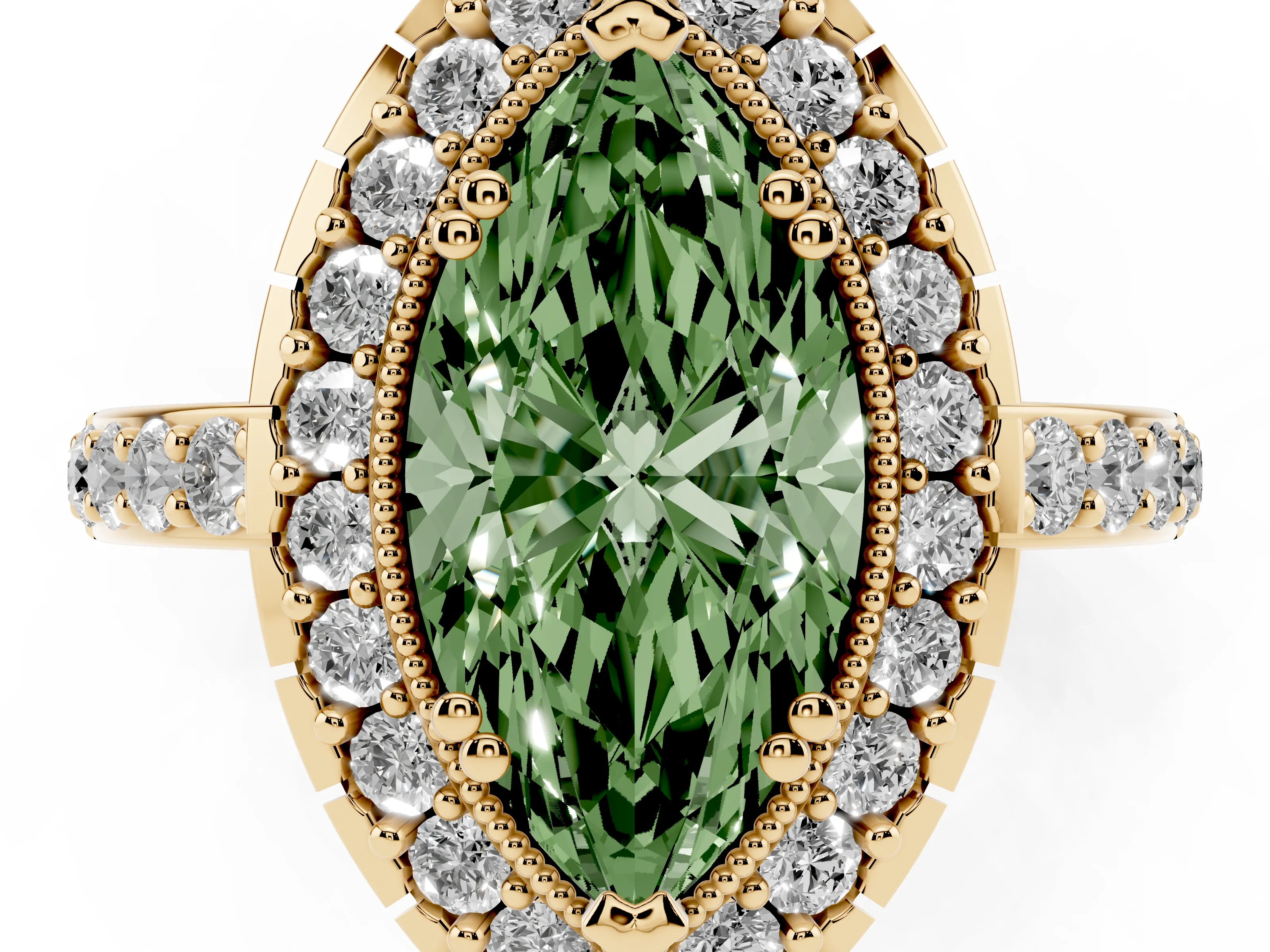 Fancy Green Marquise Cut Diamond Halo Ring Set in Yellow gold with Pavé Shank and Prong Setting