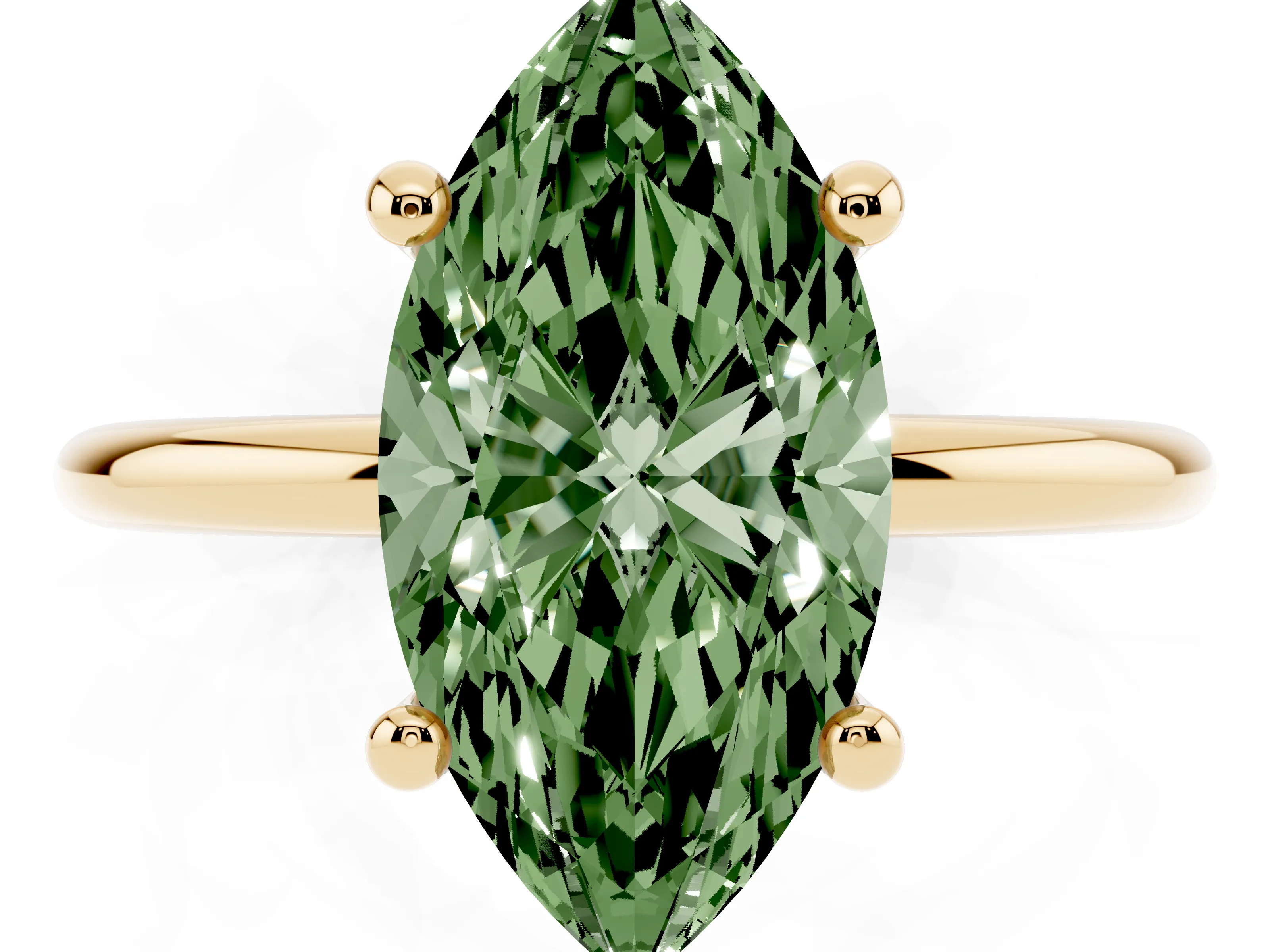 Fancy Green Marquise Cut Diamond Solitaire Ring Set in Yellow gold with Secure Prong Setting on a Classic Band