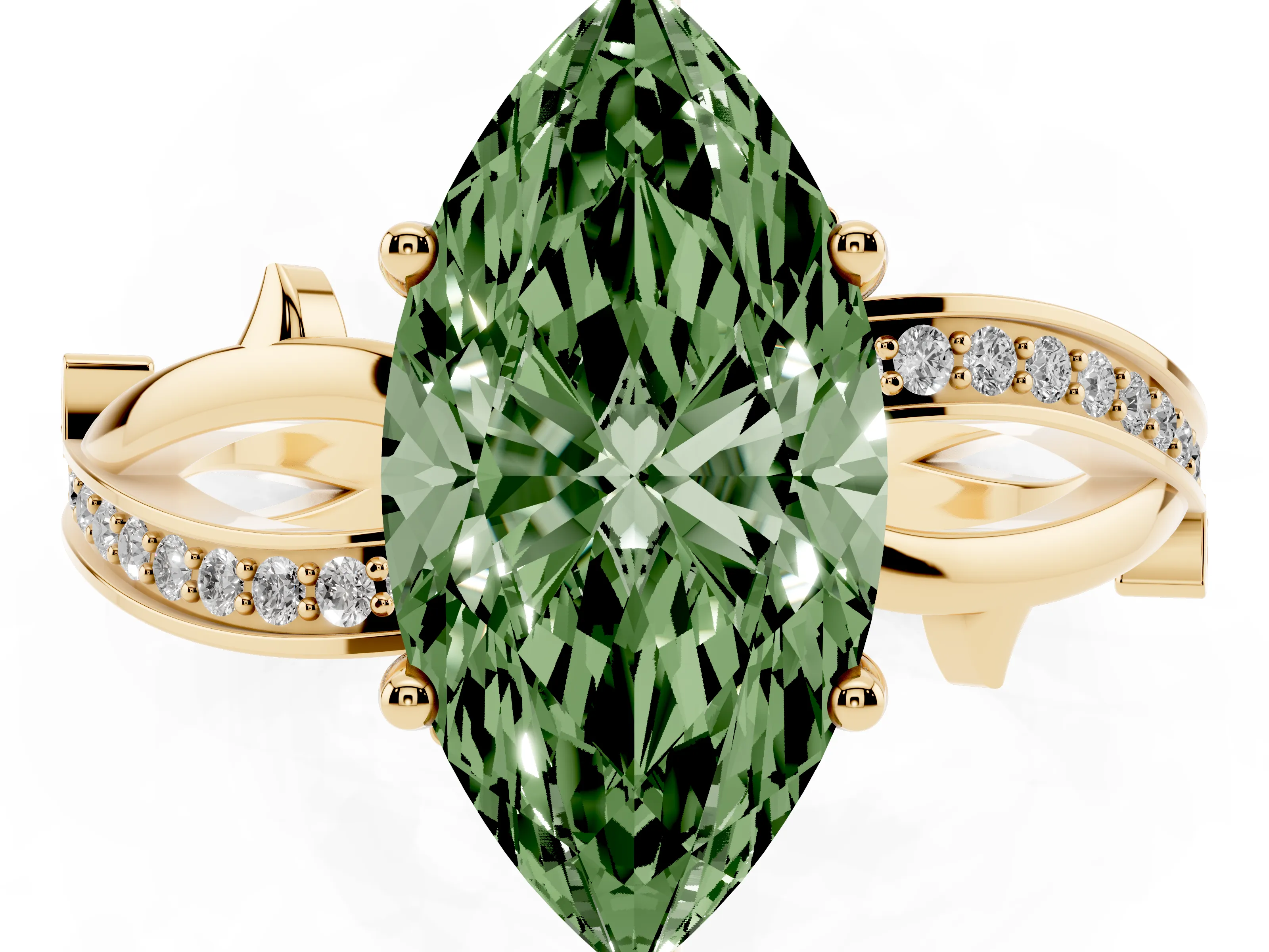 Fancy Green Marquise Cut Diamond Pavé Twist Band Solitaire Ring Set in Yellow gold with Prong Setting