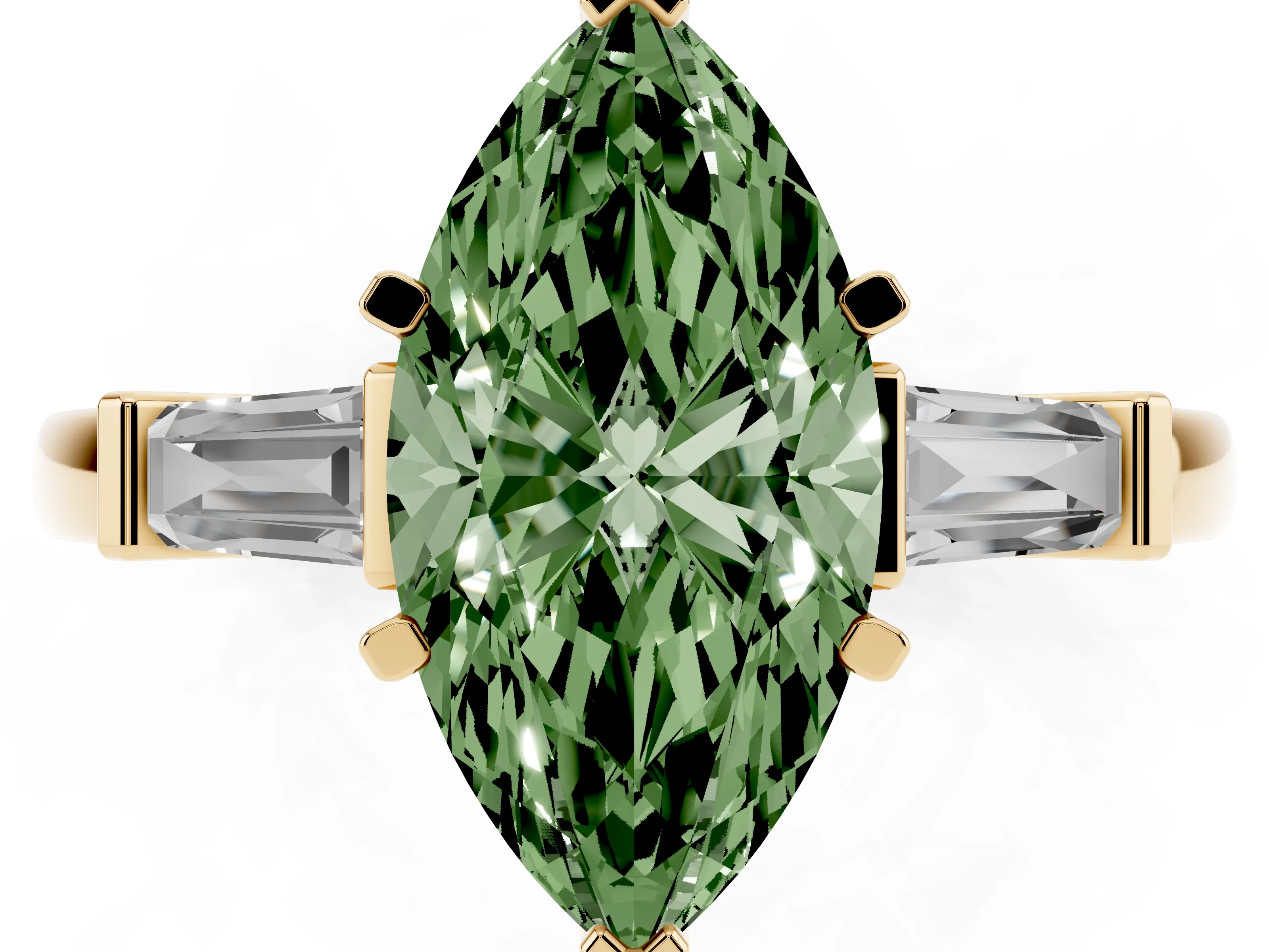 Fancy Green Marquise Cut Diamond Solitaire Ring Set in Yellow gold with Tapered Baguette Accents and Prong Setting