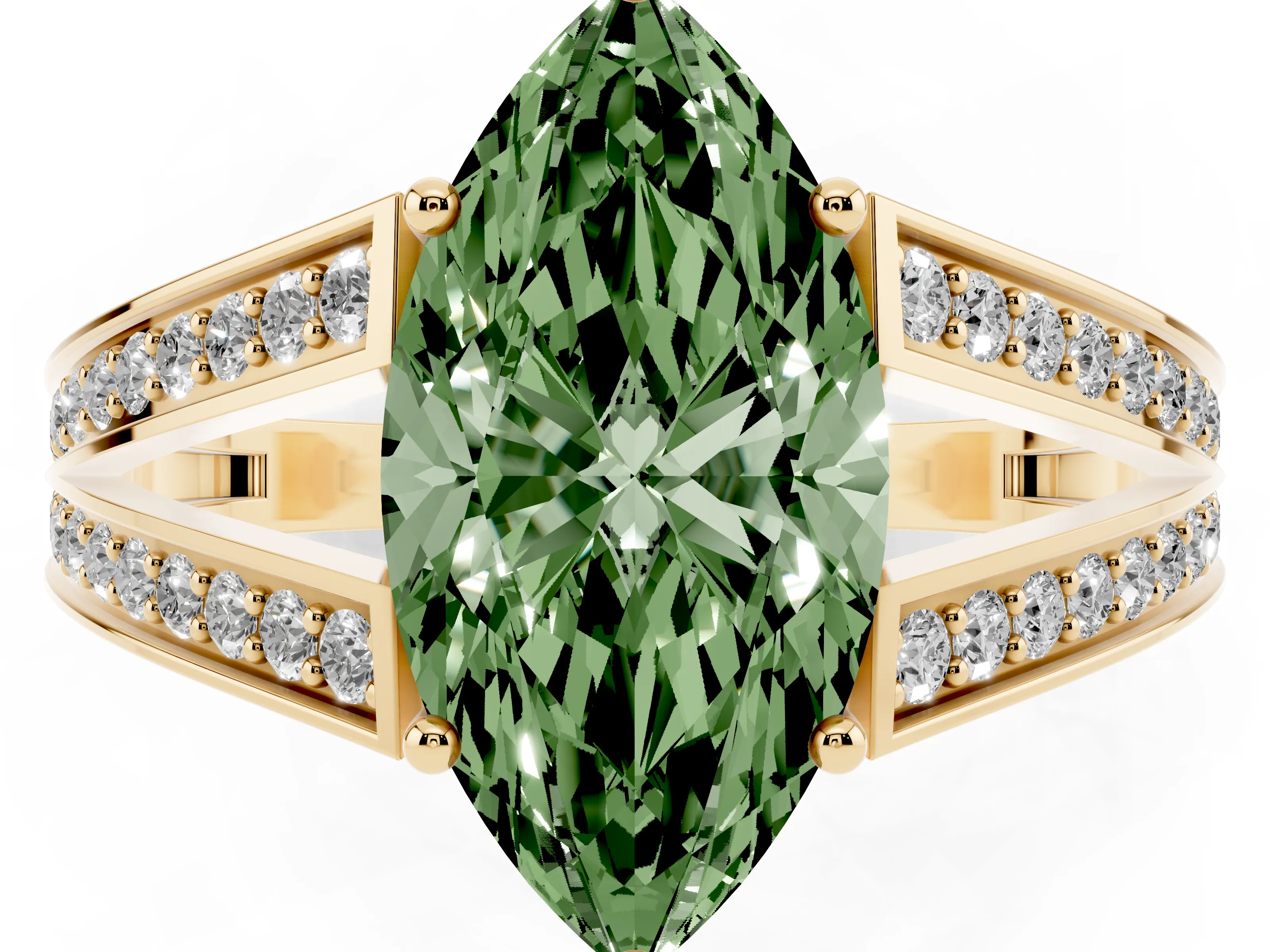 Fancy Green Marquise Cut Diamond Split Shank Ring Set in Yellow gold with Pavé Band and Prong Setting
