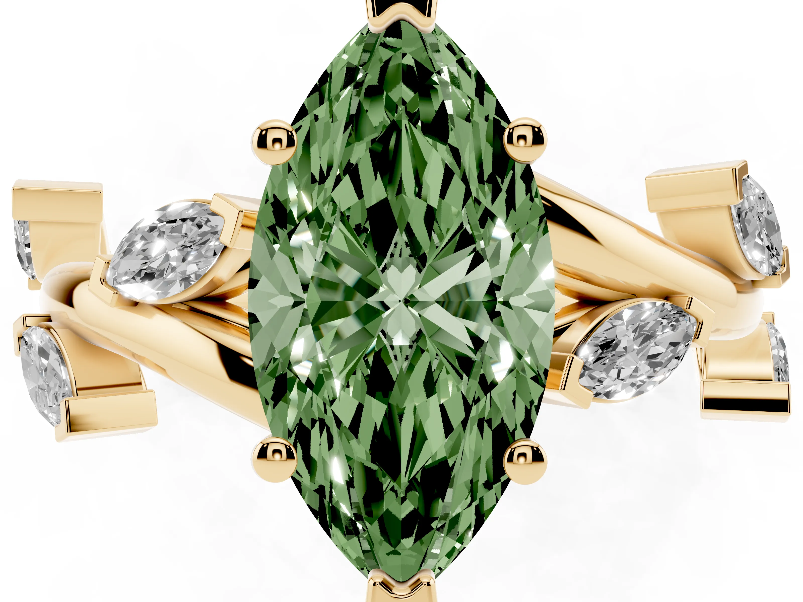 Fancy Green Marquise Cut Diamond Solitaire Ring Set in Yellow gold with Twisted Marquise Accent Band