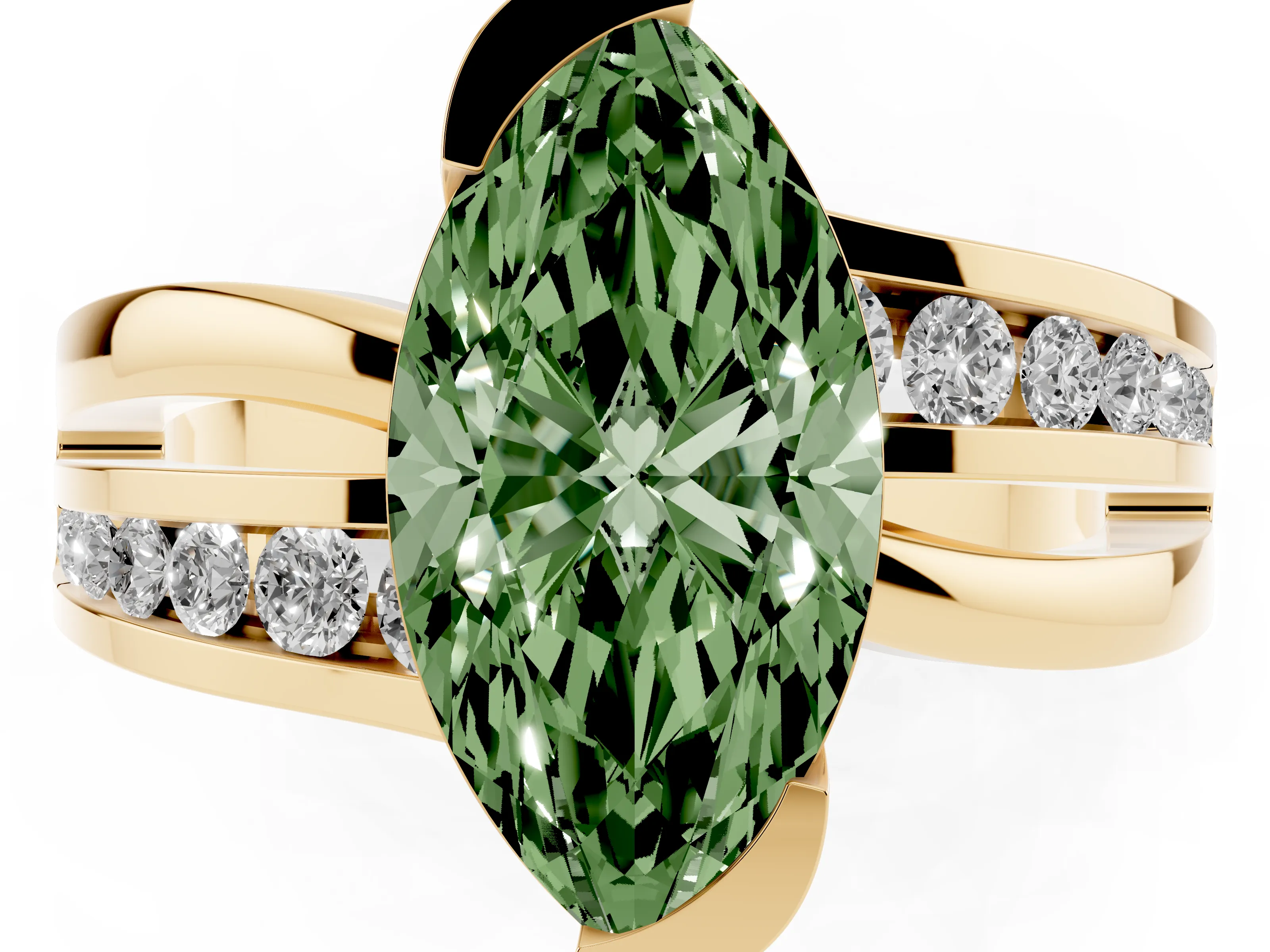 Fancy Green Marquise Cut Diamond Solitaire Ring Set in Yellow gold with Channel Set Split Shank and Tension Prongs