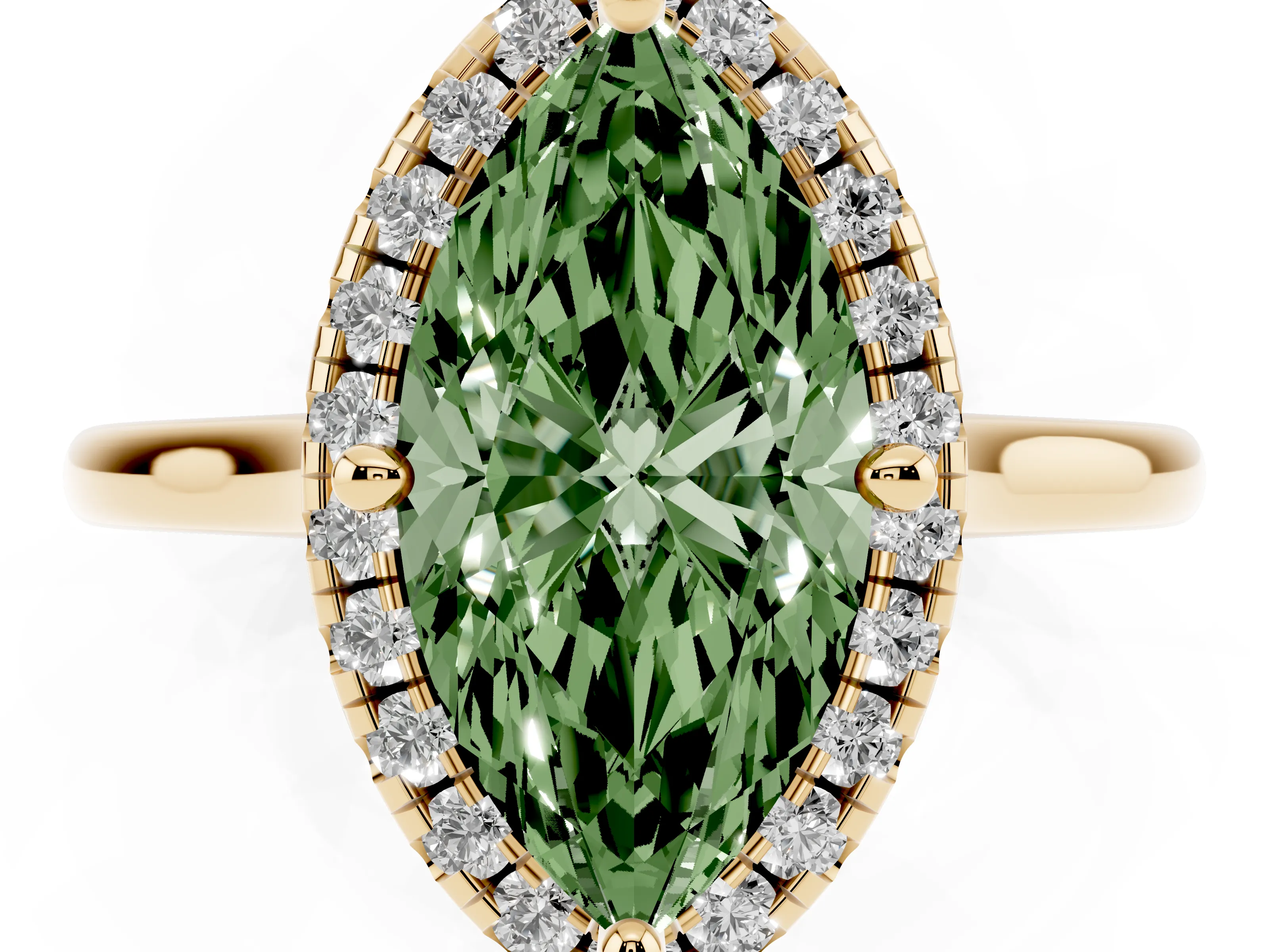 Fancy Green Marquise Cut Diamond Halo Engagement Ring Set in Yellow gold with Pavé Band and Rising Shoulders