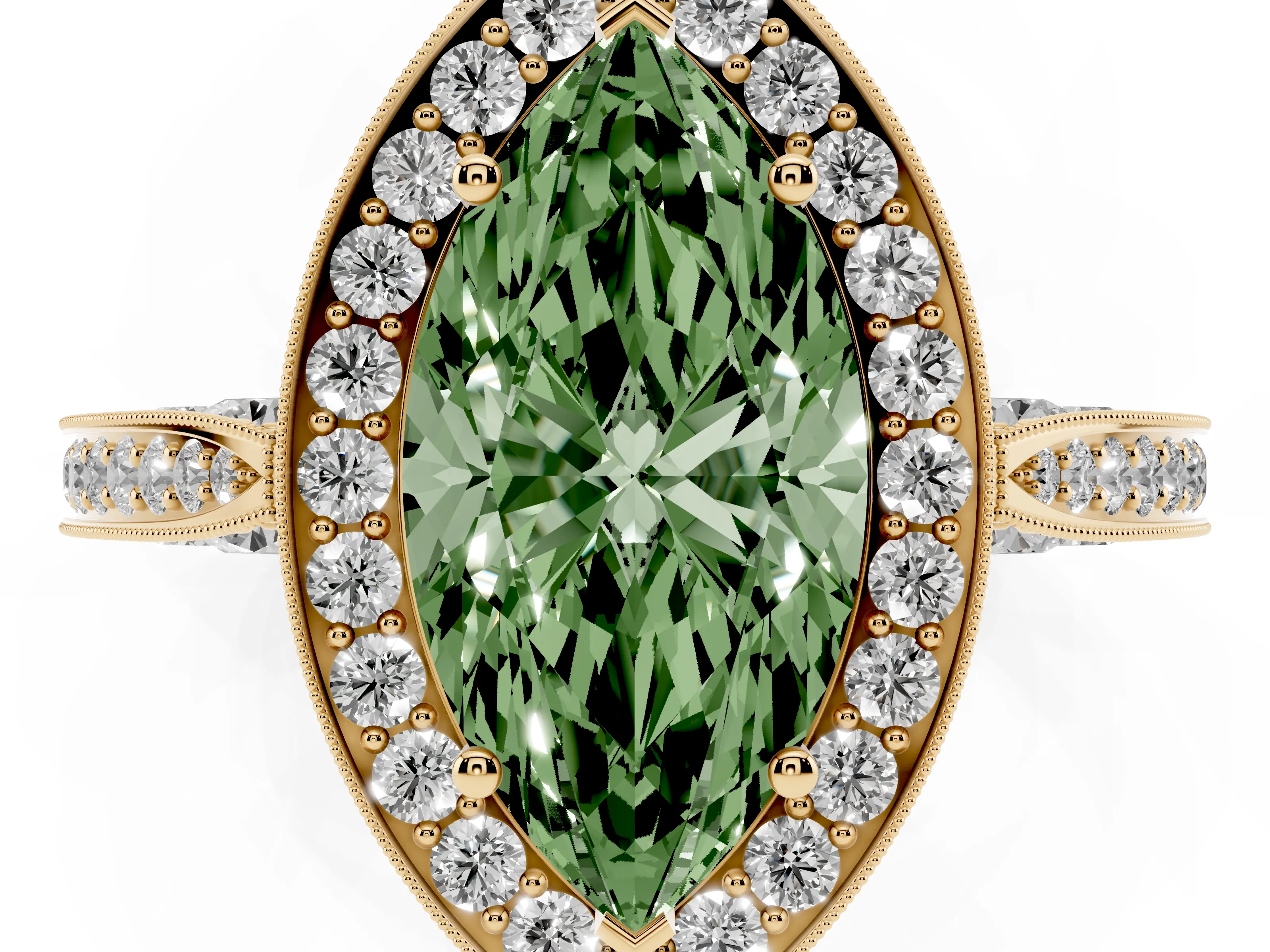 Fancy Green Marquise Cut Diamond Halo Engagement Ring Set in Yellow gold with Accent Split Shank Band