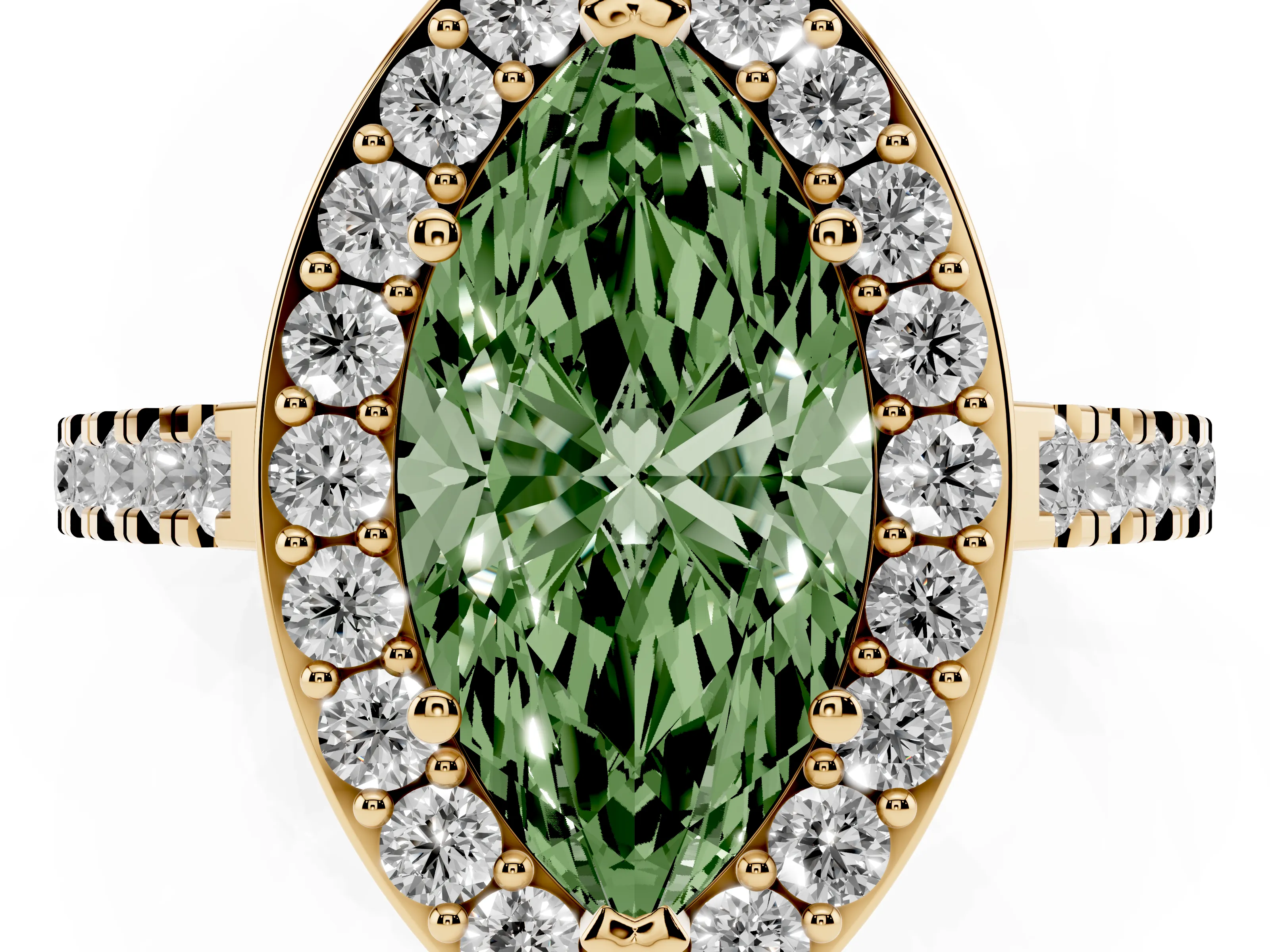 Fancy Green Marquise Cut Diamond Halo Ring Set in Yellow gold with Round Pavé Split Shank and Prong Setting