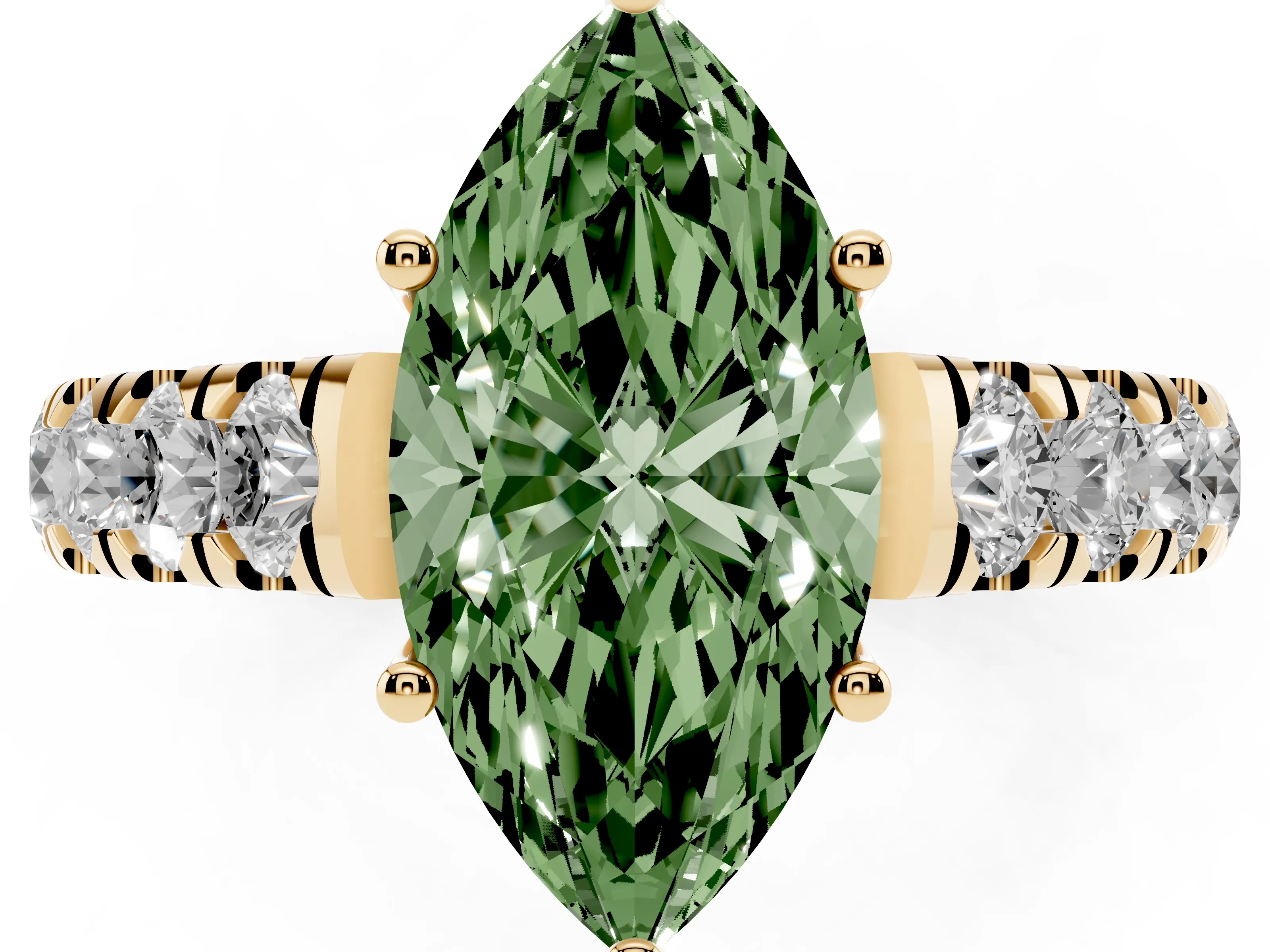 Fancy Green Marquise Cut Diamond Solitaire Ring Set in Yellow gold with Cut-Down Micro Pavé Band and Prong Setting