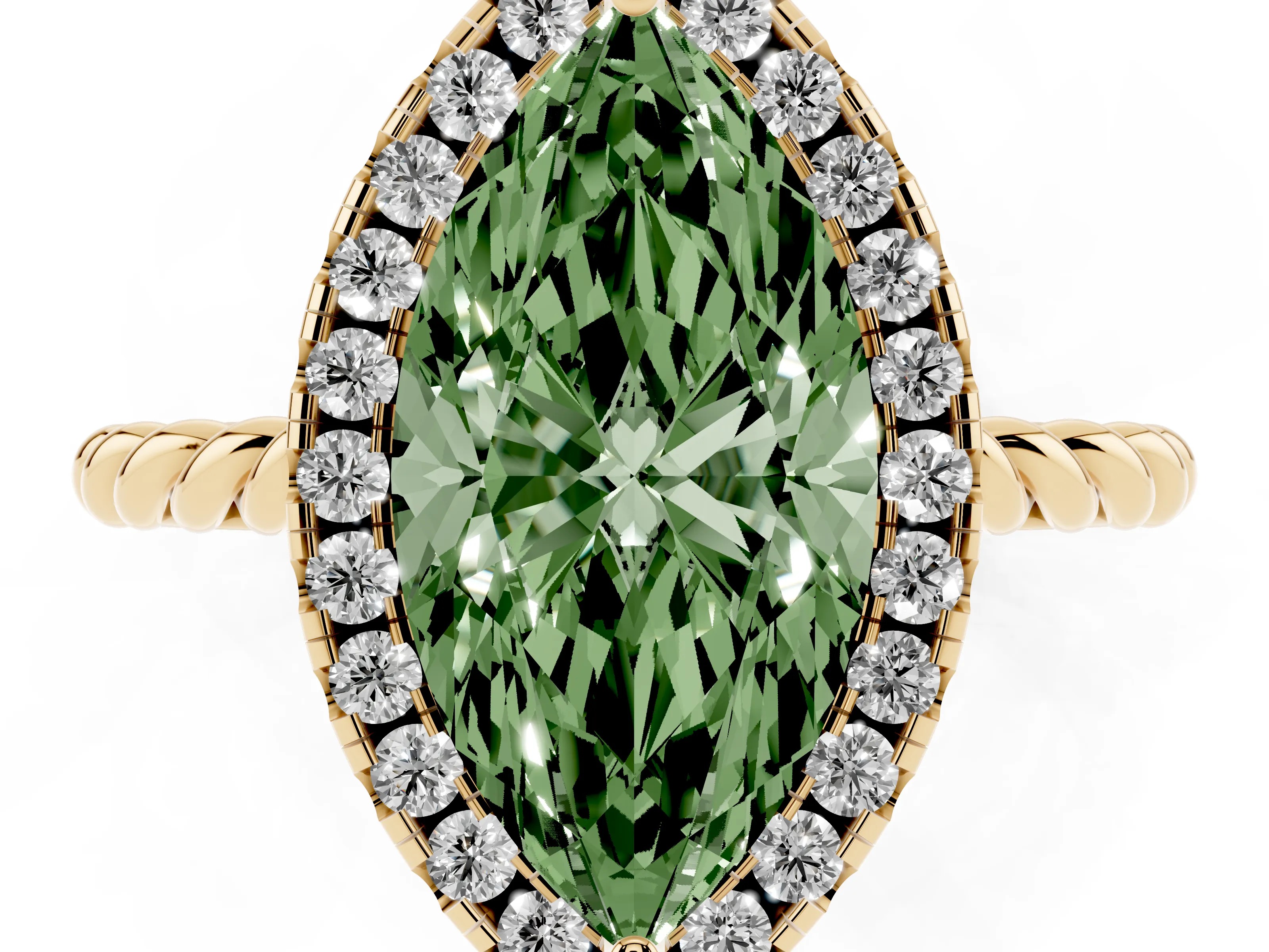 Fancy Green Marquise Cut Diamond Halo Ring Set in Yellow gold with Plain Twisted Band