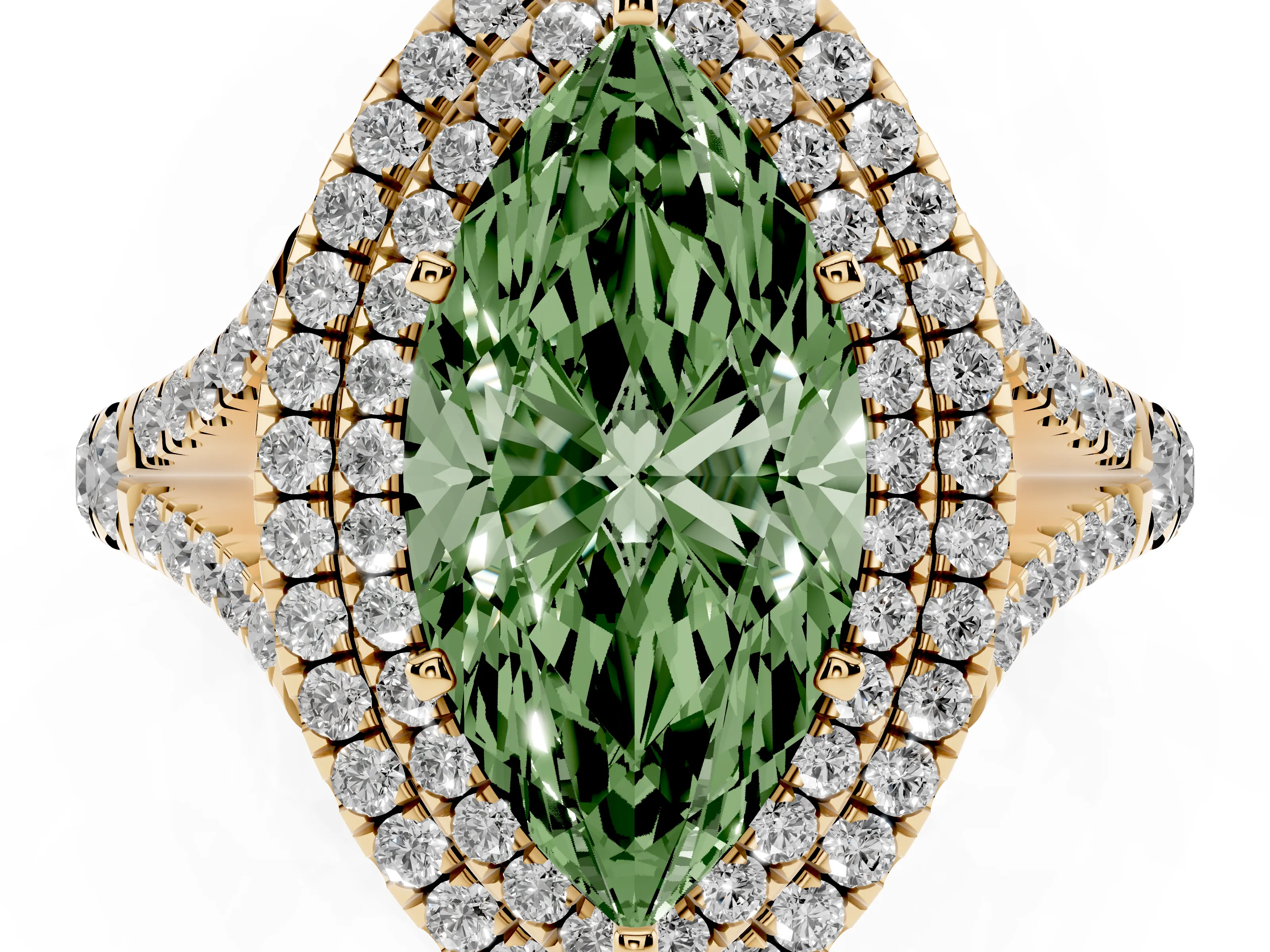 Fancy Green Marquise Cut Diamond Pavé Split Shank Double Halo Engagement Ring Set in Yellow gold