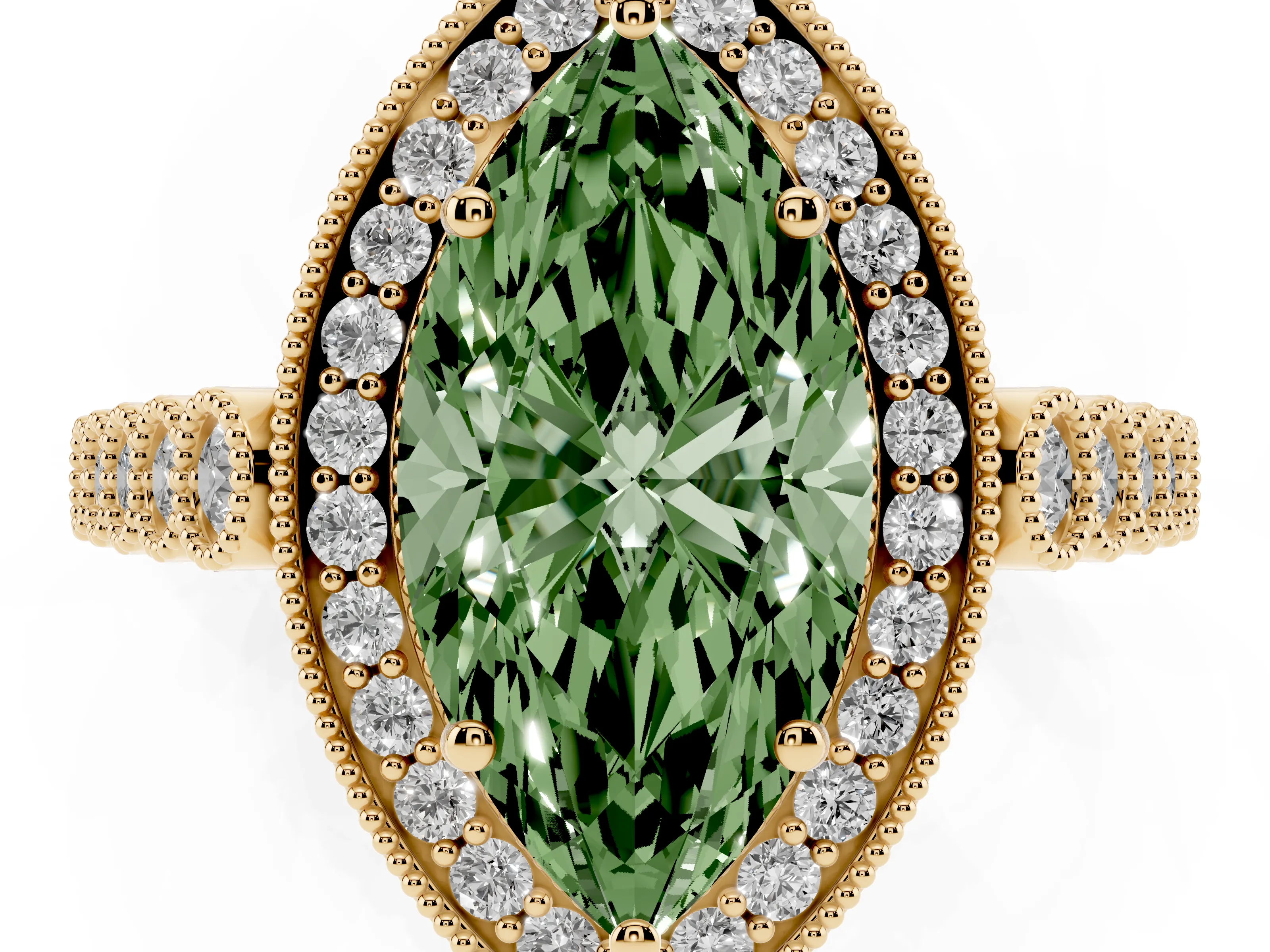 Fancy Green Marquise Cut Diamond Milgrain Halo Solitaire Ring Set in Yellow gold with Bezel Set Side Stones and Pavé Band