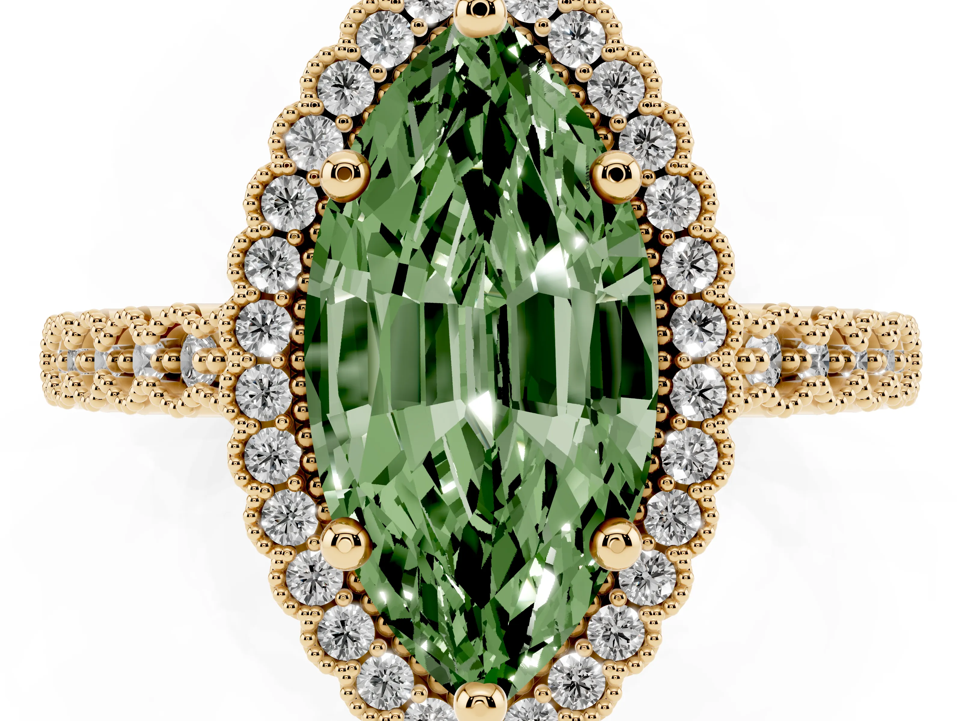 Fancy Green Marquise Cut Diamond Halo Ring Set in Yellow gold with Pavé Milgrain Band