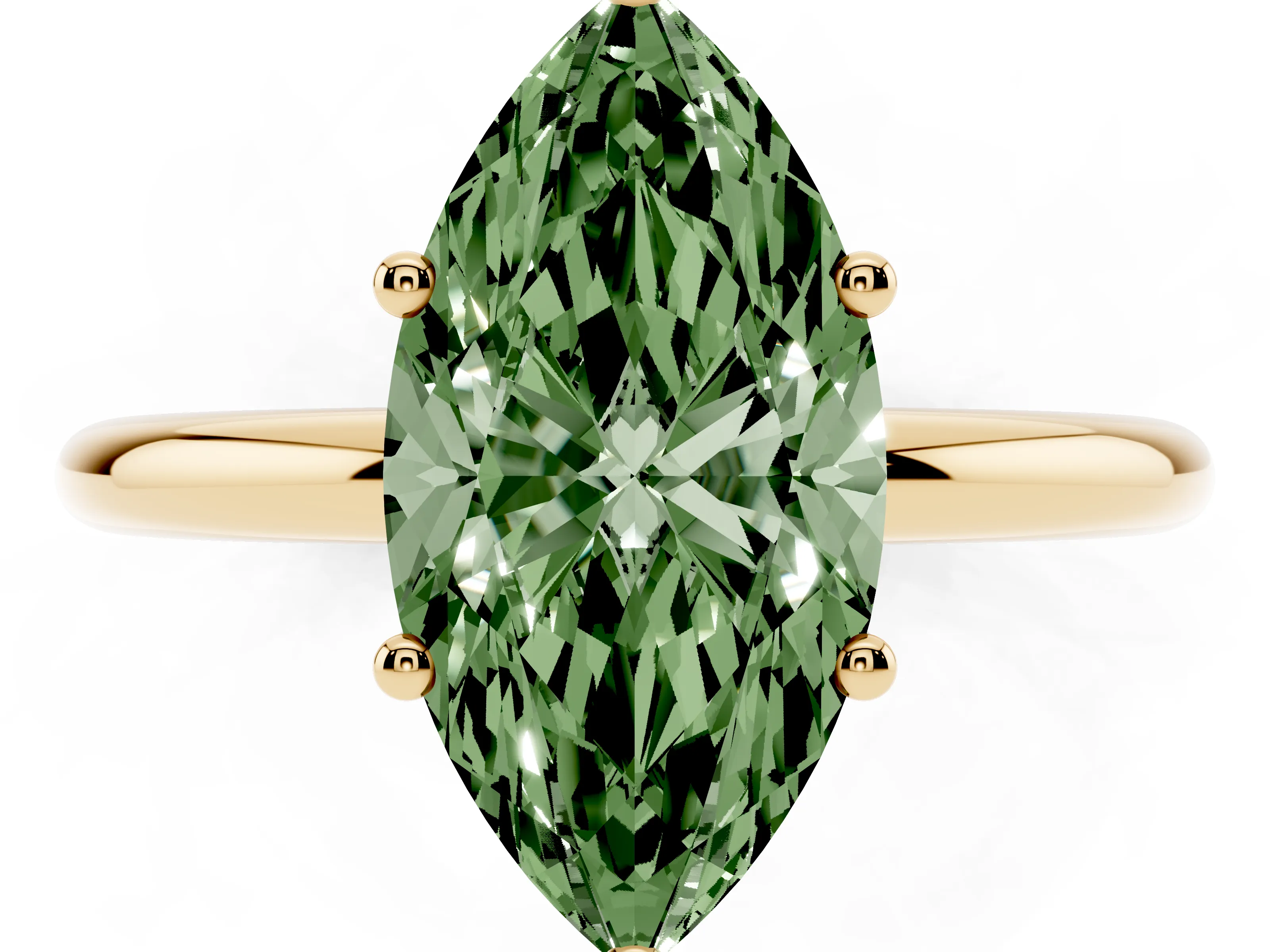 Fancy Green Marquise Cut Diamond Solitaire Engagement Ring Set in Yellow gold with Prong Setting and Polished Band