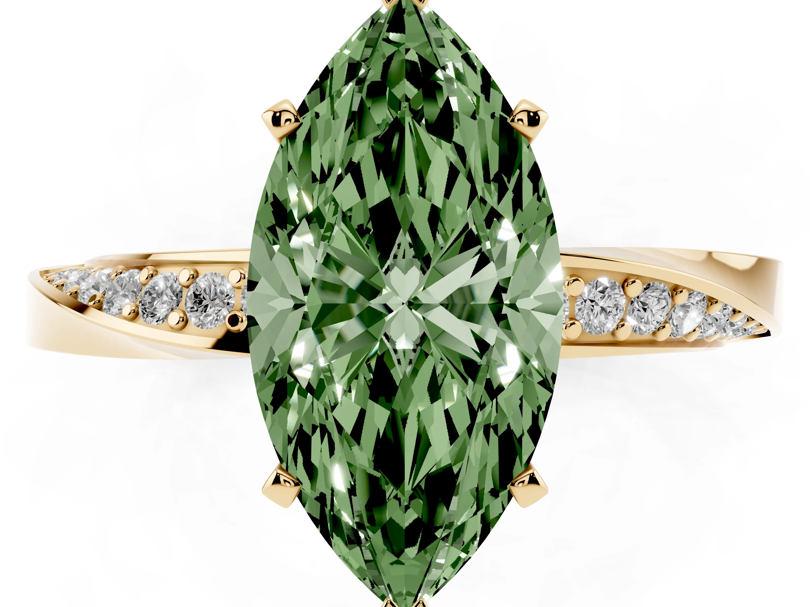 Fancy Green Marquise Cut Diamond Engagement Ring Set in Yellow gold with Side Stone Accents and Prong Setting