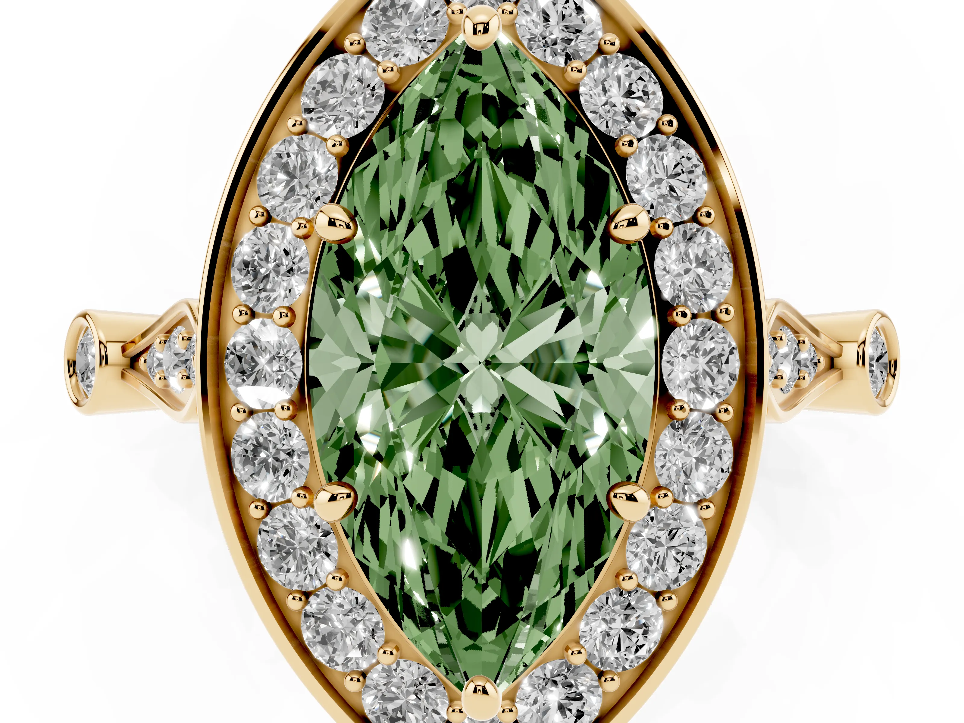 Fancy Green Marquise Cut Diamond Halo Engagement Ring Set in Yellow gold with Twisted Band and Prong Setting