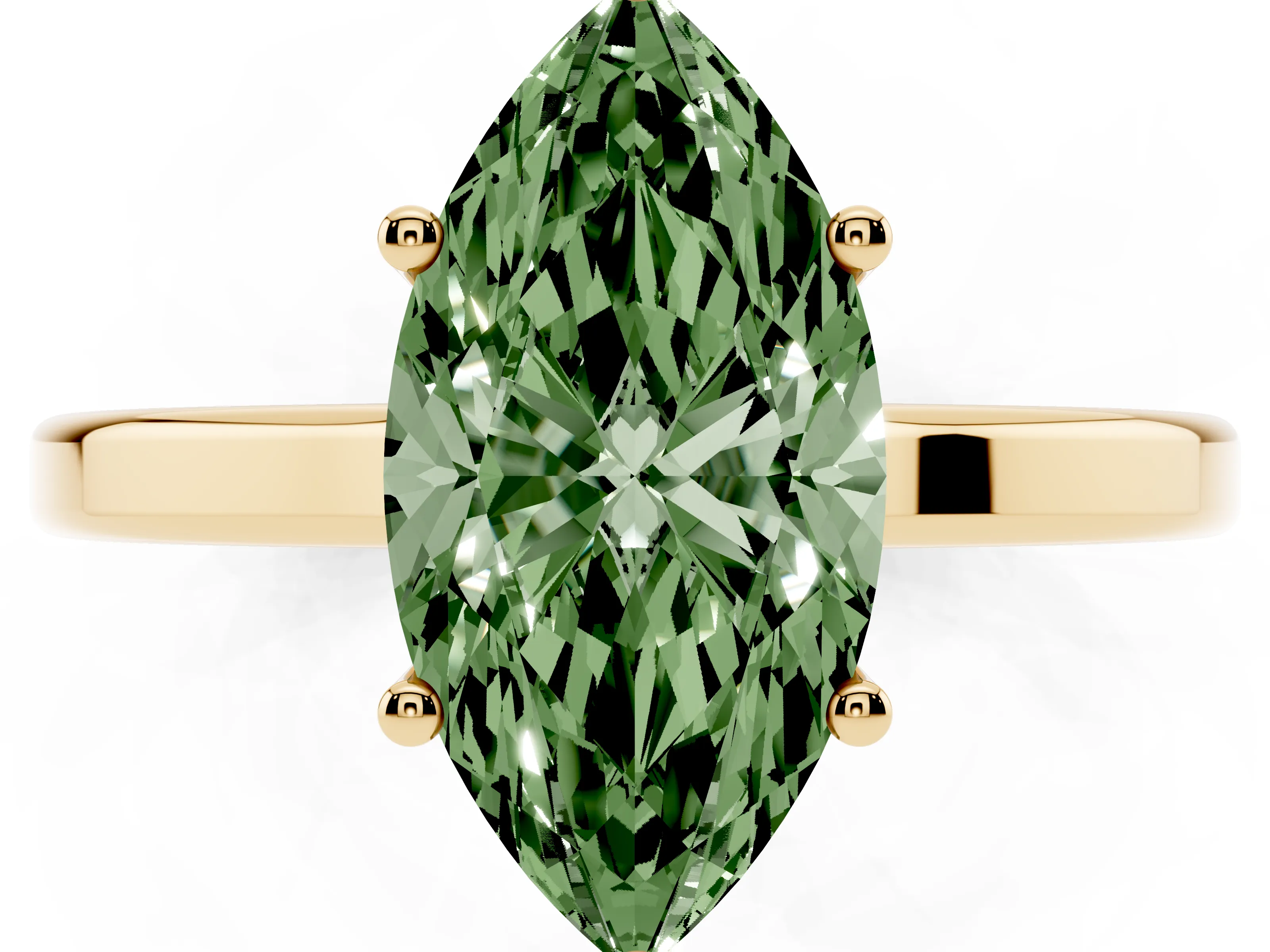 Fancy Green Marquise Cut Diamond Solitaire Engagement Ring Set in Yellow gold with Prong Setting on a Plain Band