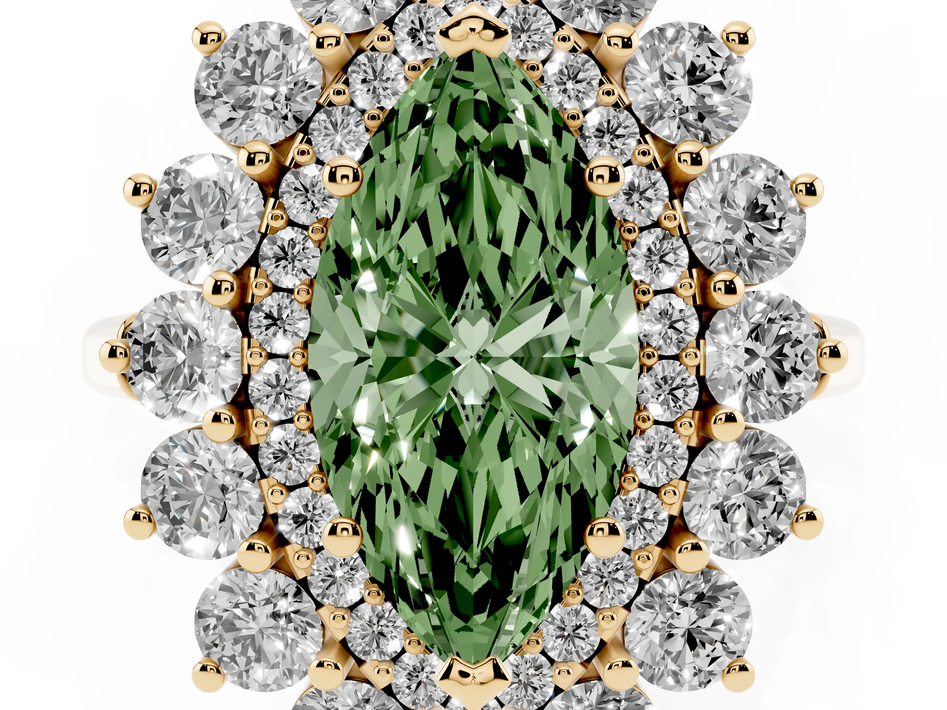 Fancy Green Marquise Cut Diamond Floral Double Halo Ring Set in Yellow gold with Round Petals