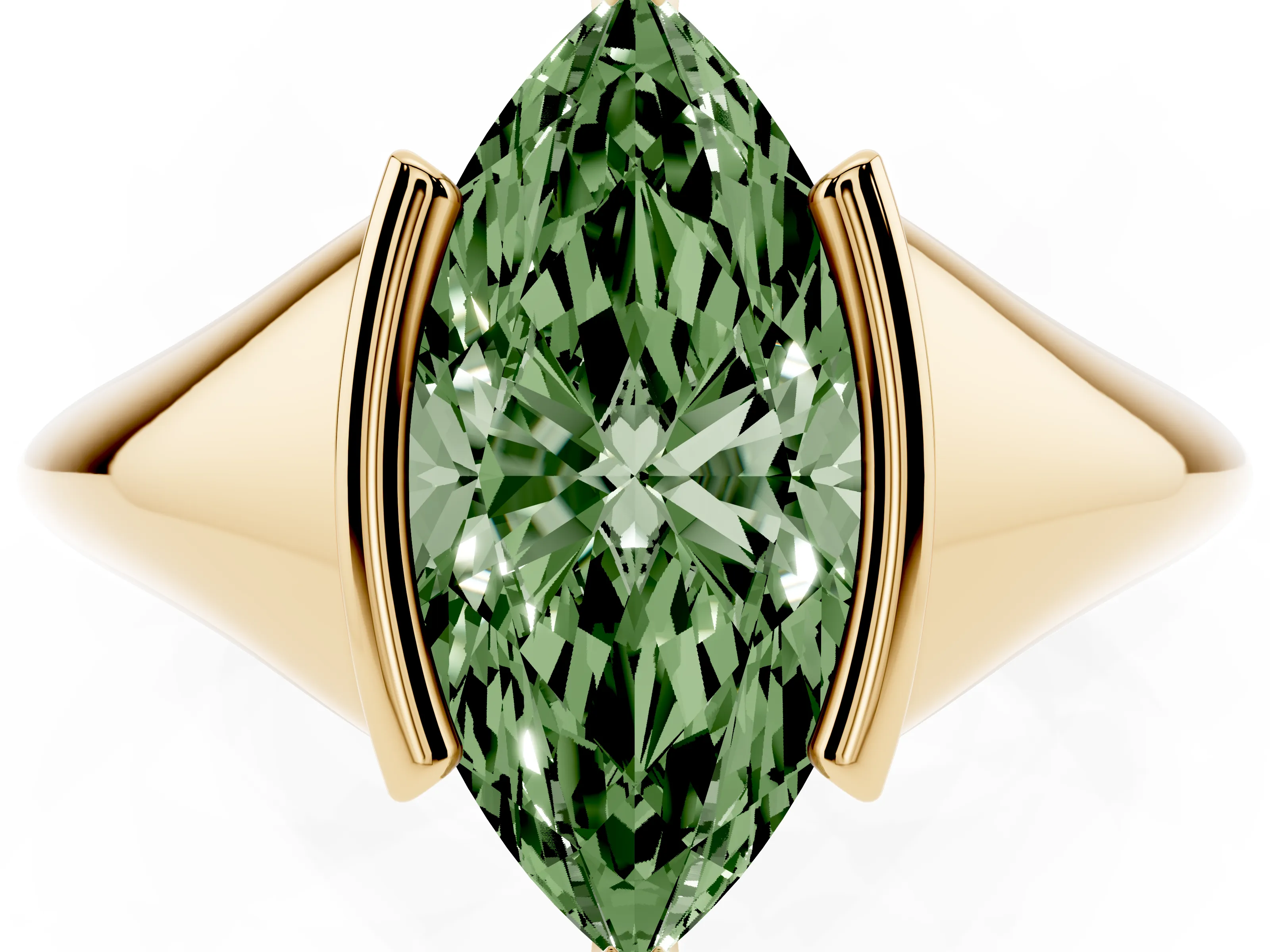 Fancy Green Marquise Cut Diamond Solitaire Tension Set Ring Set in Yellow gold